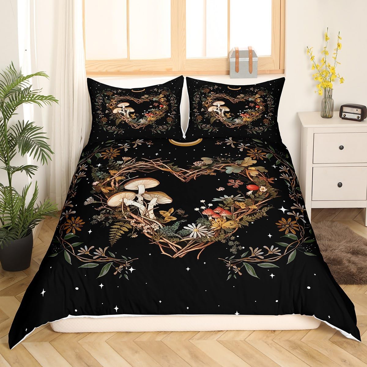 Manfei Mushroom Duvet Cover,Rustic Nature Botanical Plants Leaves Daisy Print King Size Duvet Cover for Kids Adults,Love Heart Tribal Moon Starry Soft Comforter Cover(No Filler) with Zipper Closure