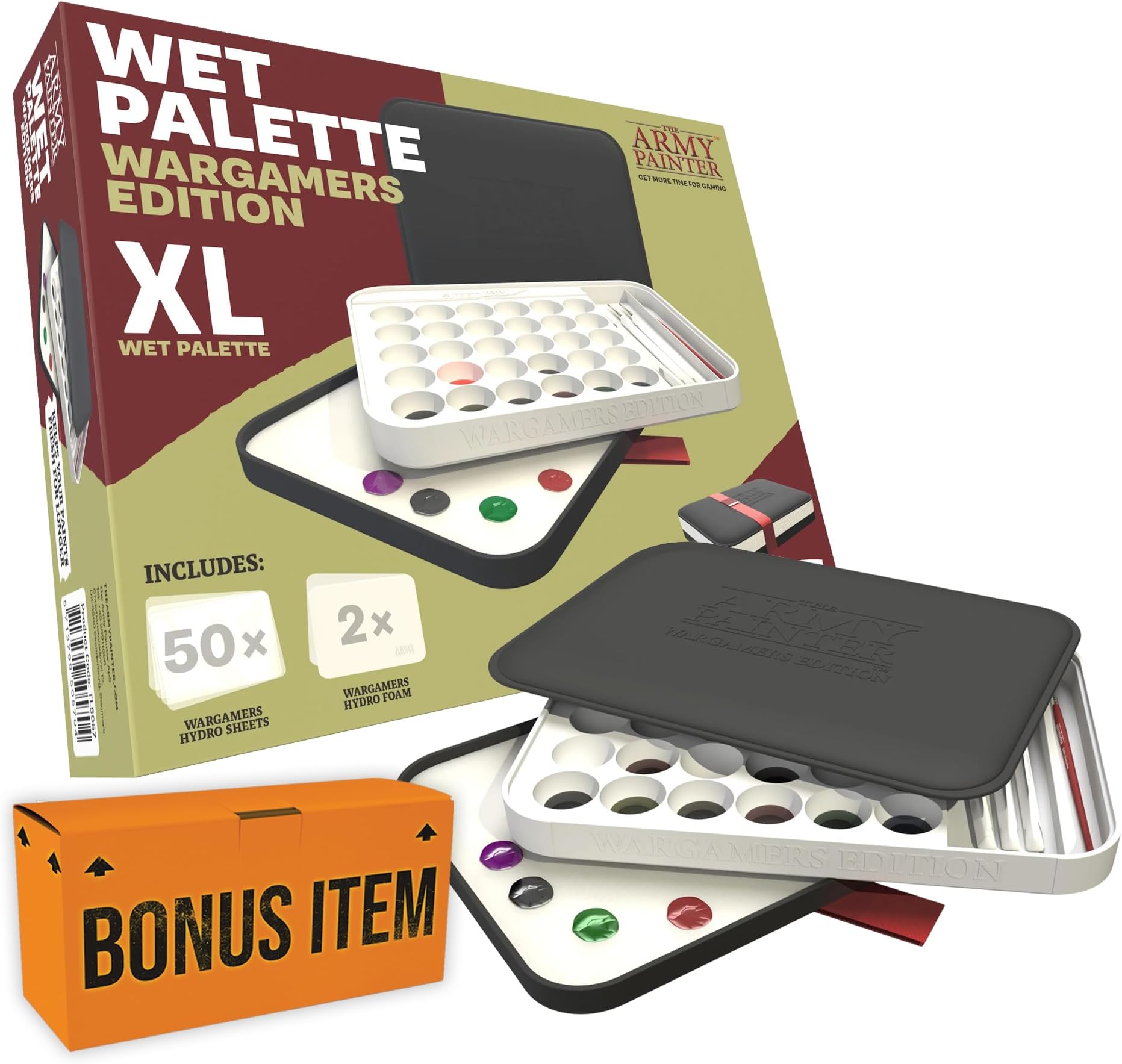 The Army Painter Wargamers Edition Wet Palette with Mystery Bonus Item, XL Acrylic Paints Palette for Miniature Sets Including 50 Hydro Sheets, and 2 Hydro Foams for Miniature Painting