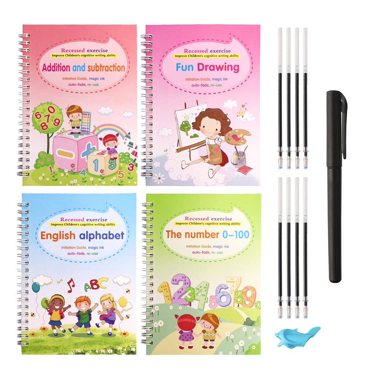 UNIA Magic Practice Copybook for Kids, Reusable Writing Practice Book Set, The Print Handwriting Workbook, Calligraphy Tracing Book - Drawing Math Alphabet Numbers with Pen(4 Books 1Pen)