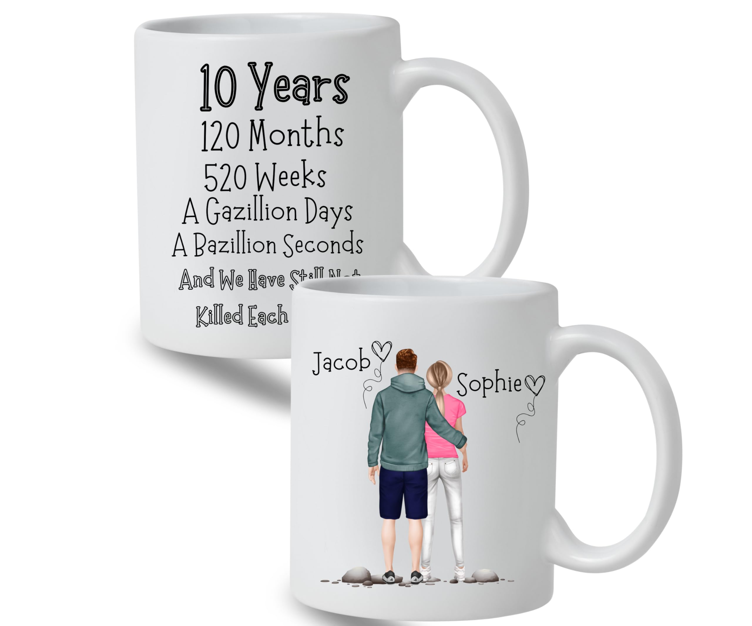 Personalised Funny 10th Wedding Anniversary Present for Husband and Wife Mug – Customise Figures with Choice of Hairstyles, Skin Colour and Outfits. Custom Tea or Coffee Cup for Couples.