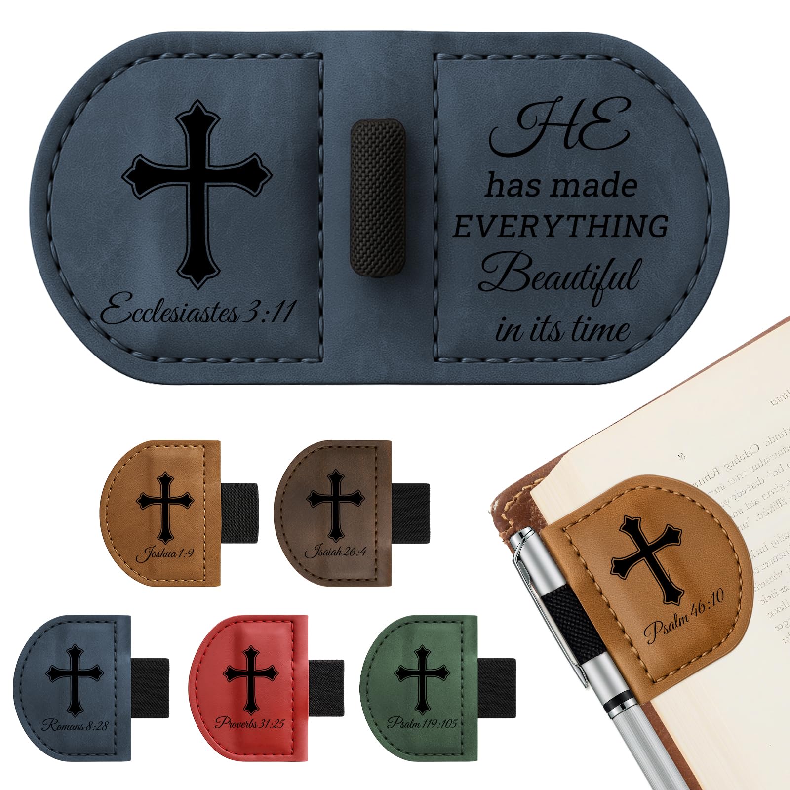 Bygone Mark Magnetic Personalized Leather Bookmark with Pen Holder - Engraved Scripture Detail, Inspirational Reading Accessory and Gift for Christian Book Lovers (Blue-Ecclesiastes 3:11)