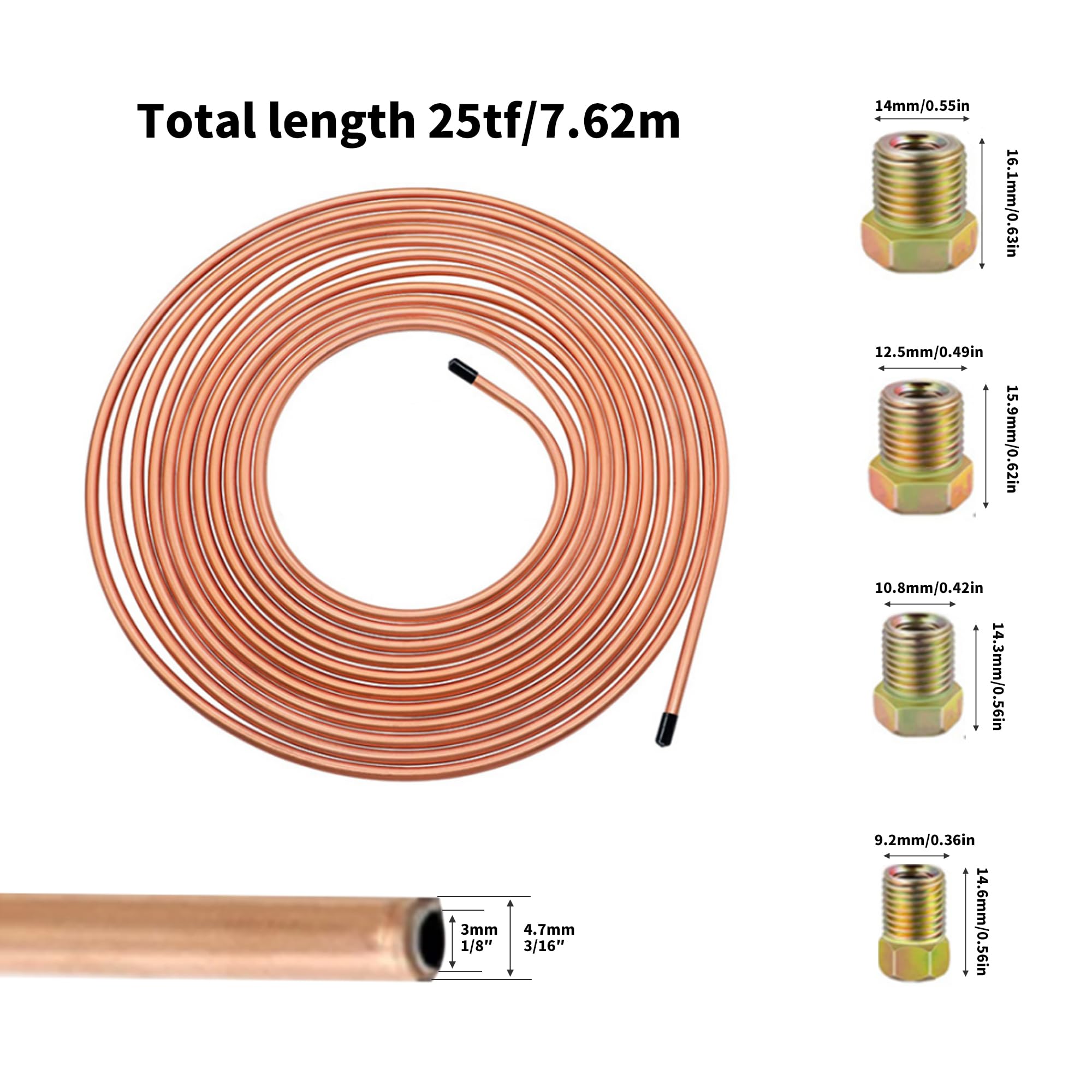 Tuyau de Frein en Cuivre 25ft/7,62m Ø 4.75mm, Kit de Conduite Générale de Frein Replacement, Auto Tube Tuyau de Carburant Frein, 3/16" de Rechange pour Automobile avec 16 Raccords