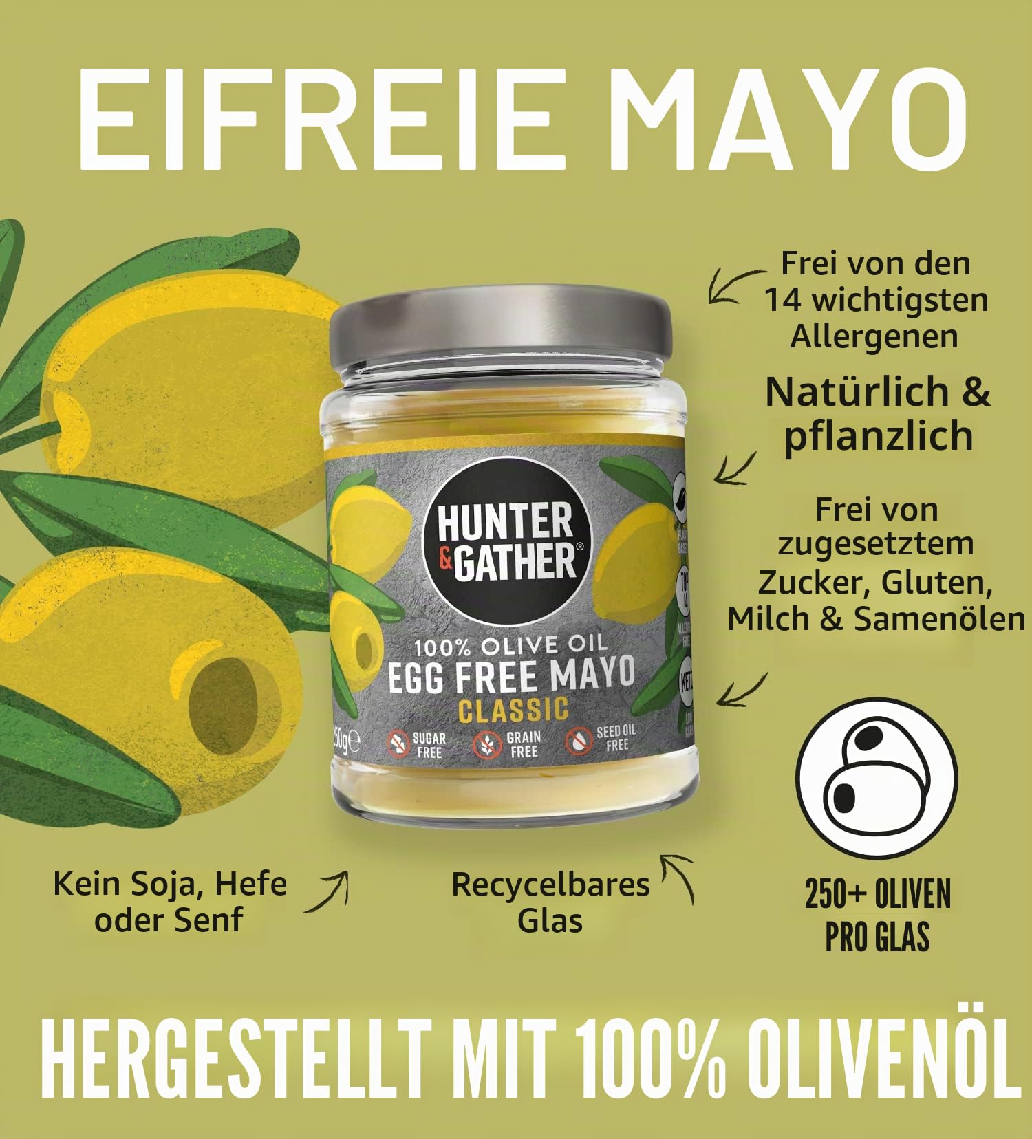 Produktbild Hunter & Gather 100% Olivenöl eifrei klassische Mayo 250 g – Samenölfrei, keto- und veganfreundlich – ohne Zuckerzusatz, gluten- und sojafrei