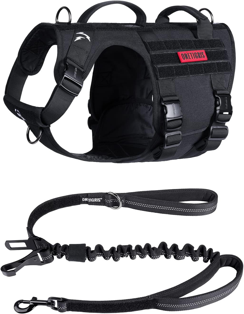 Full Metal Buckled Tactical Dog Harness for Large Dogs and 3in1 Bungee