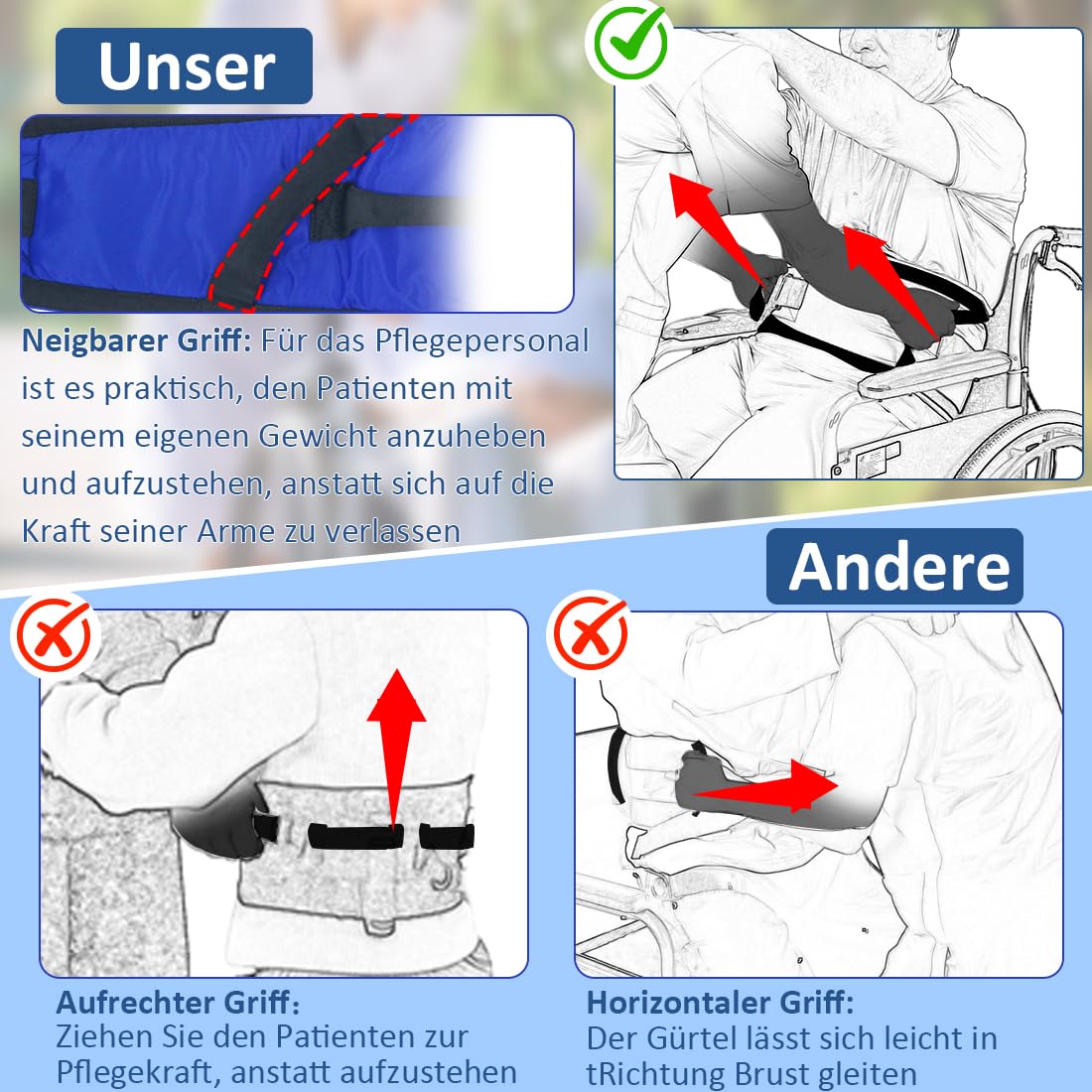 Transfergürtel Ganggürtel für Senioren, Transfergürtel mit gepolsterten Griffen, Transfergalgengurt für ältere Menschen beim Bewegen oder Transferieren (Grün, Große Größe)