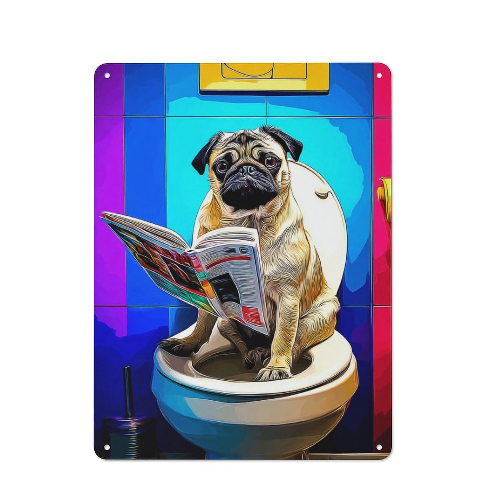 Junmoney Pug On Toilet Reading Magazine -1 Decorative Tin Sign With Design 40X30cm, Nostalgic Old Style Wall Plaque For Living Room, Hallway, Kitchen Or Cafe