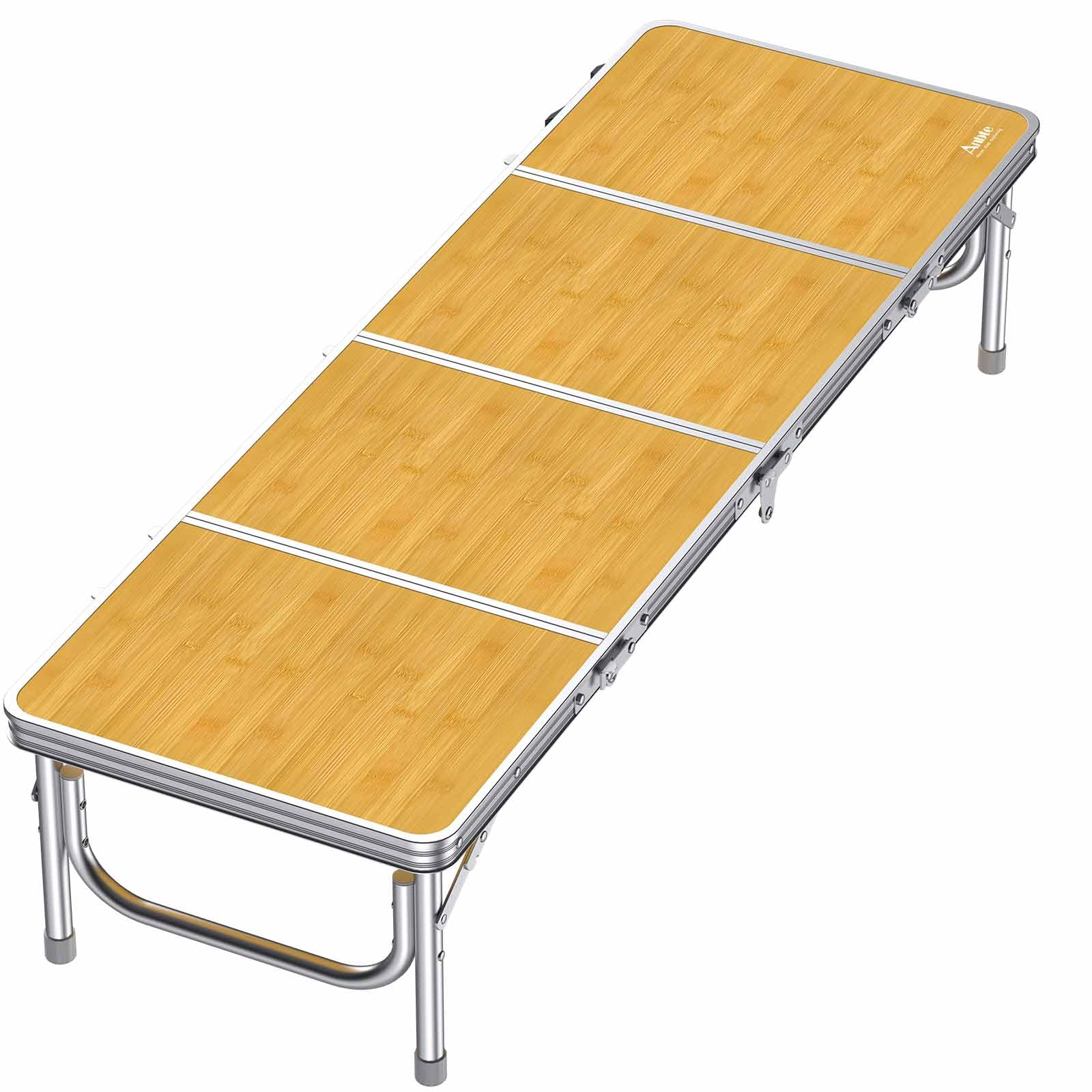 Anbte Mesa Plegable Camping 116 x 40 x 26.2cm con Aluminio Impermeable Mesa Playa Portátil,Grosor del Bisel es de 3,5 cm,Soporta 30 kg para Camping Playa Fiesta Picnic Suelo Color Raya de Bambú