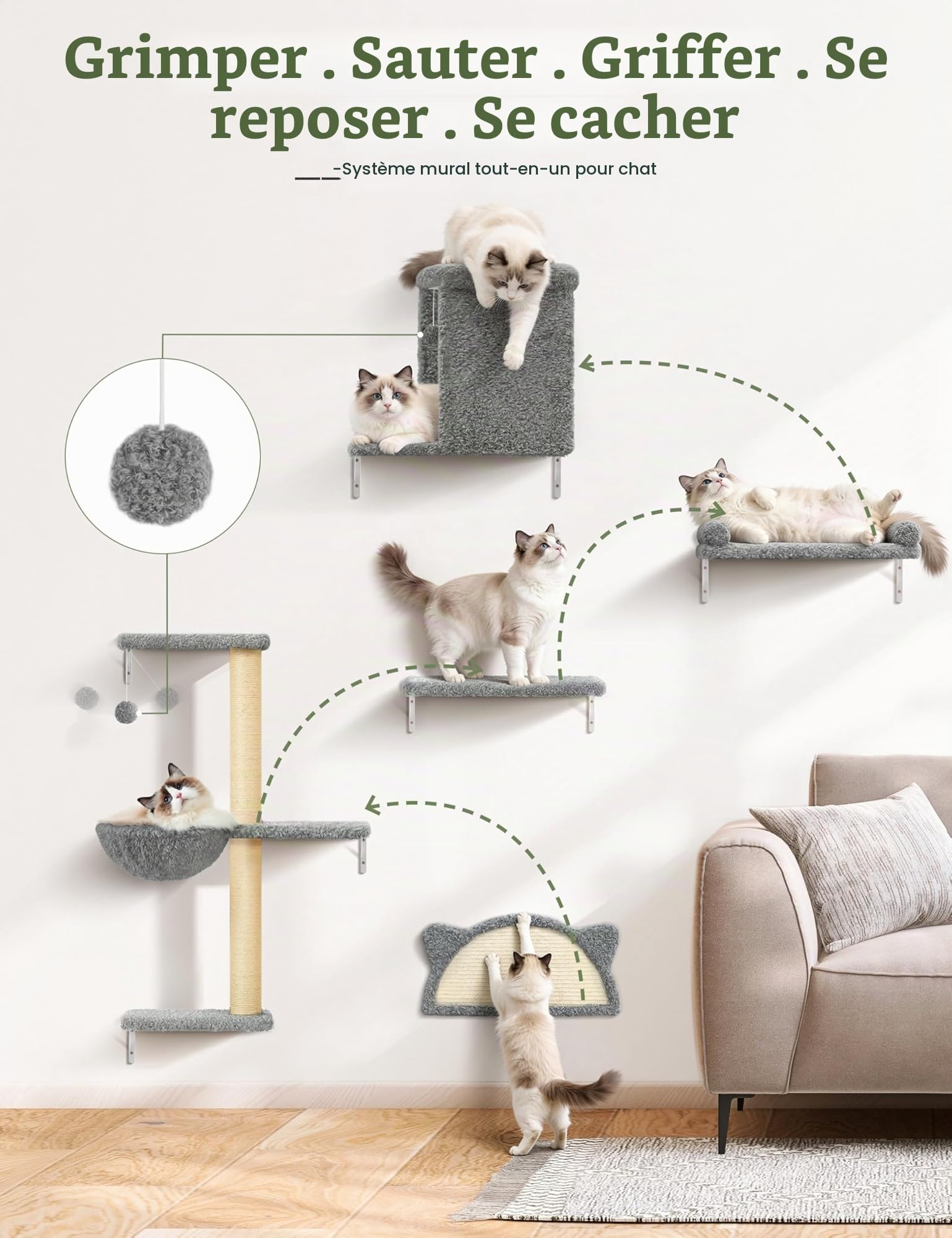 Étagères Murales pour Chat 5 en 1, Arbre à Chat Mural avec Hamac, Niches, Griffoirs en Sisal et Plateformes, Parcours Mural d'escalade en Bois Multicouche, Gris Clair
