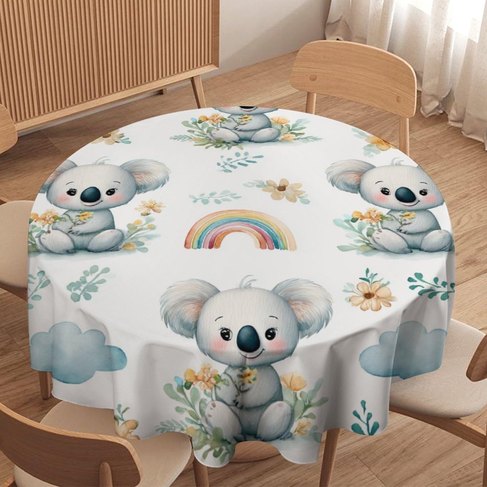 LUYYSKY Cute Realistic Koala Waterproof Round Tablecloth Elegant Watercolor Animal Koala Rainbow Colorful Flowers Cloud Print Washable Table Cover for Kitchen-177.8" Wx177.8 L cm