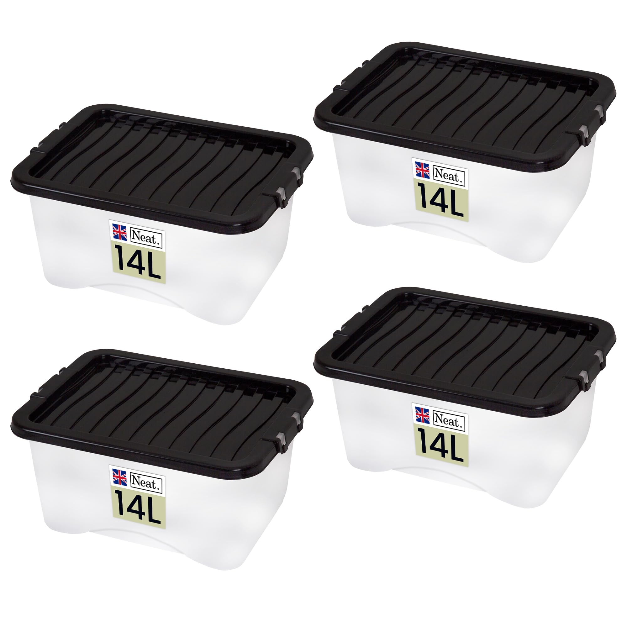 Neat. Black Plastics 42L Storage Box, Clear Base, Lid - Organise Easily With Plastic Storage Box With Lid, Ideal Clear Boxes For Storage, Durable Plastic Boxes With Lids Storage, Pack Of 4