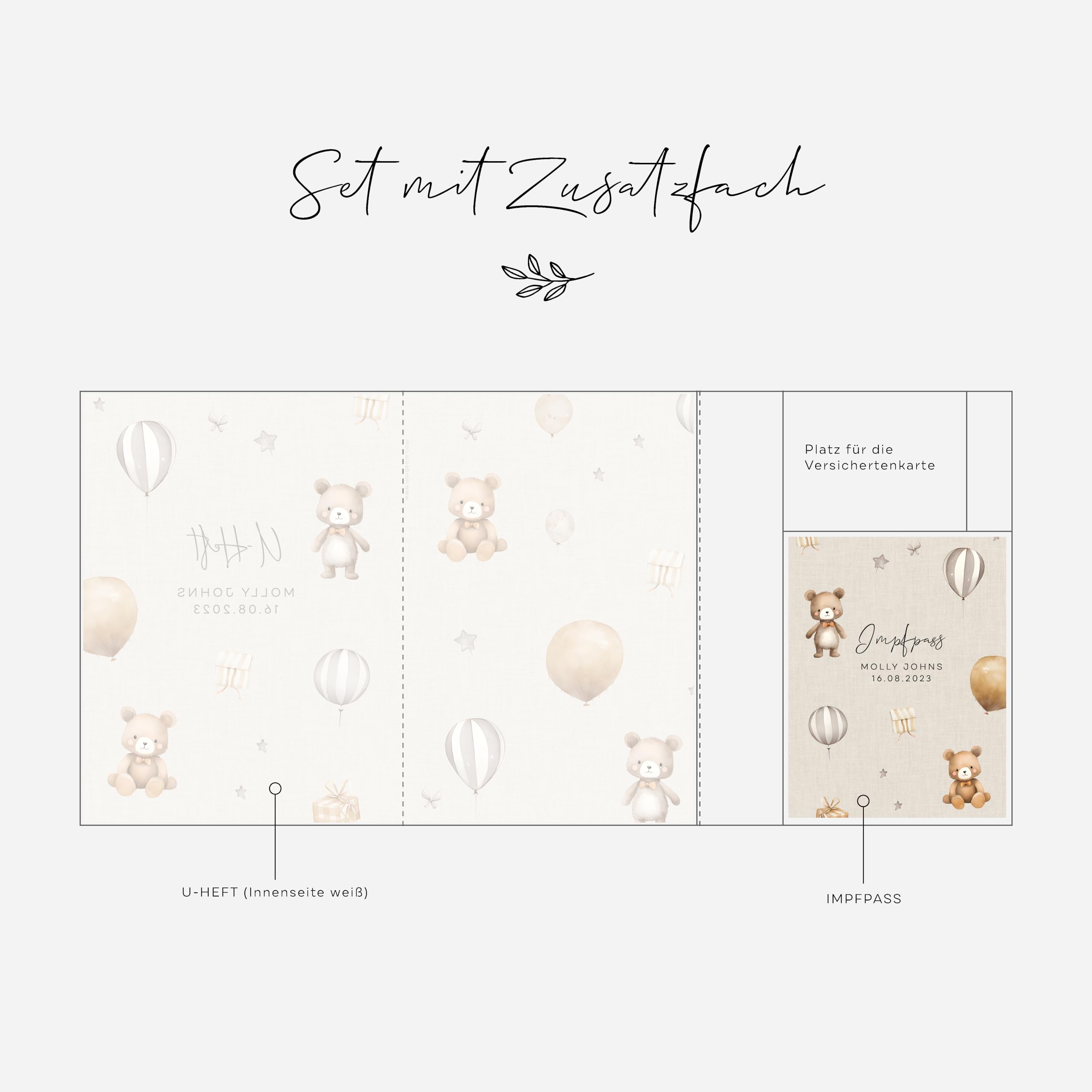 U-Hefthülle mit Zusatzfach und Impfasshülle Set personalisierbar mit Name Datum in Beige | Schutzhülle mit Aquarell Bären Luftballons (Molly Beige, U-Heft m. Zusatzfach & Impfpasshülle)