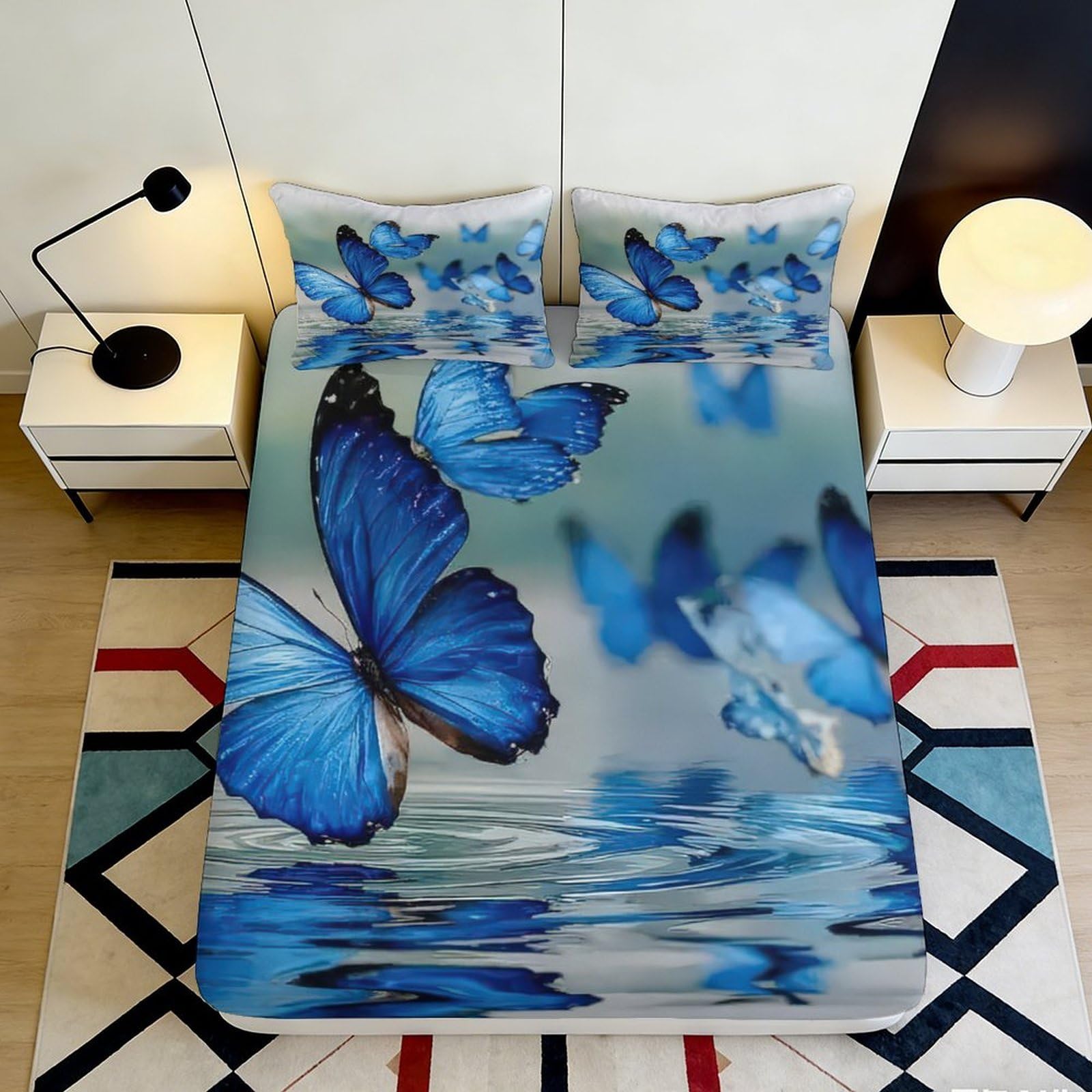 Jxqhbvmg Style-1 3D Printed Blue Butterfly Fitted Sheet Microfiber Deep Pocket Non-Slip Bedroom Bedding Blue Butterfly Mattress Fitted Cover Washable 90X200x25cm