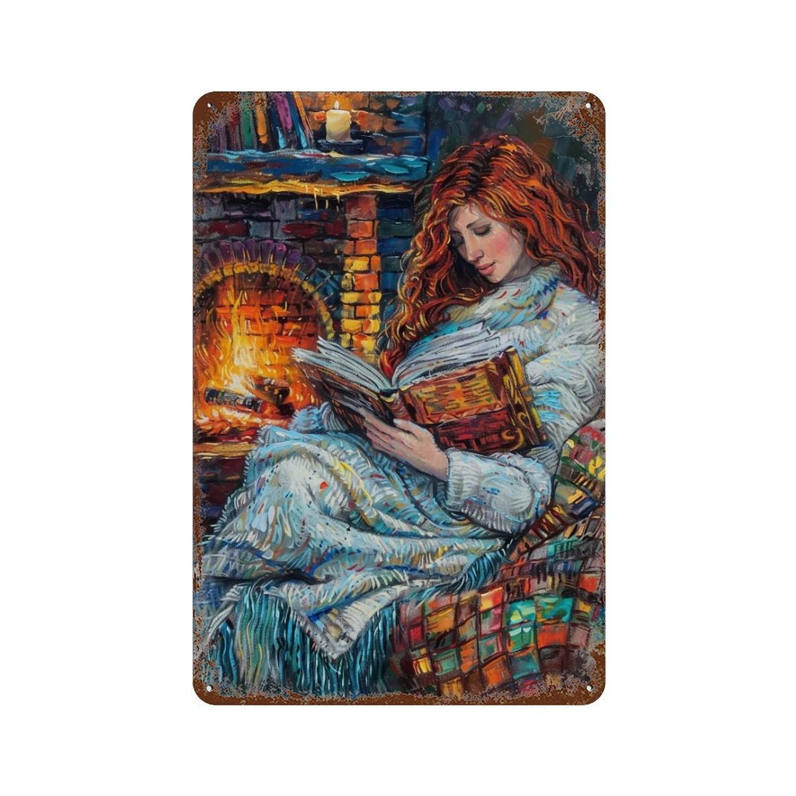 Hduryeyryy Multicolour Reading By Firelight 03 Wall Retro Iron Vintage Art Metal Tin Sign Poster Modern Home Cofffee Club Art Bar Shop Decor 30X20cm