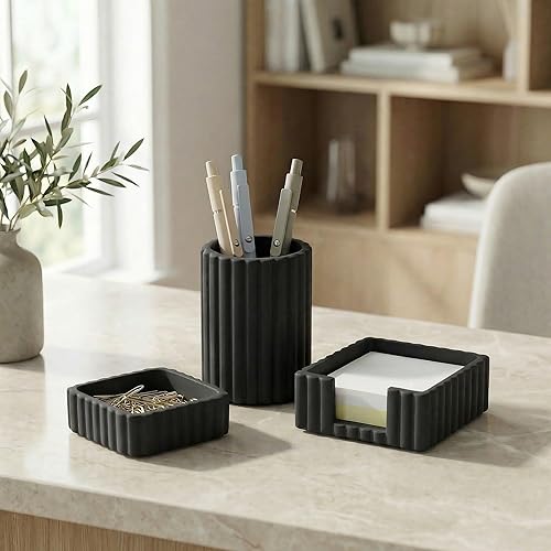 KIBAGA Juego de accesorios de escritorio de estética moderna de 3 piezas - Organizadores de hormigón elegantes para bolígrafos y suministros de