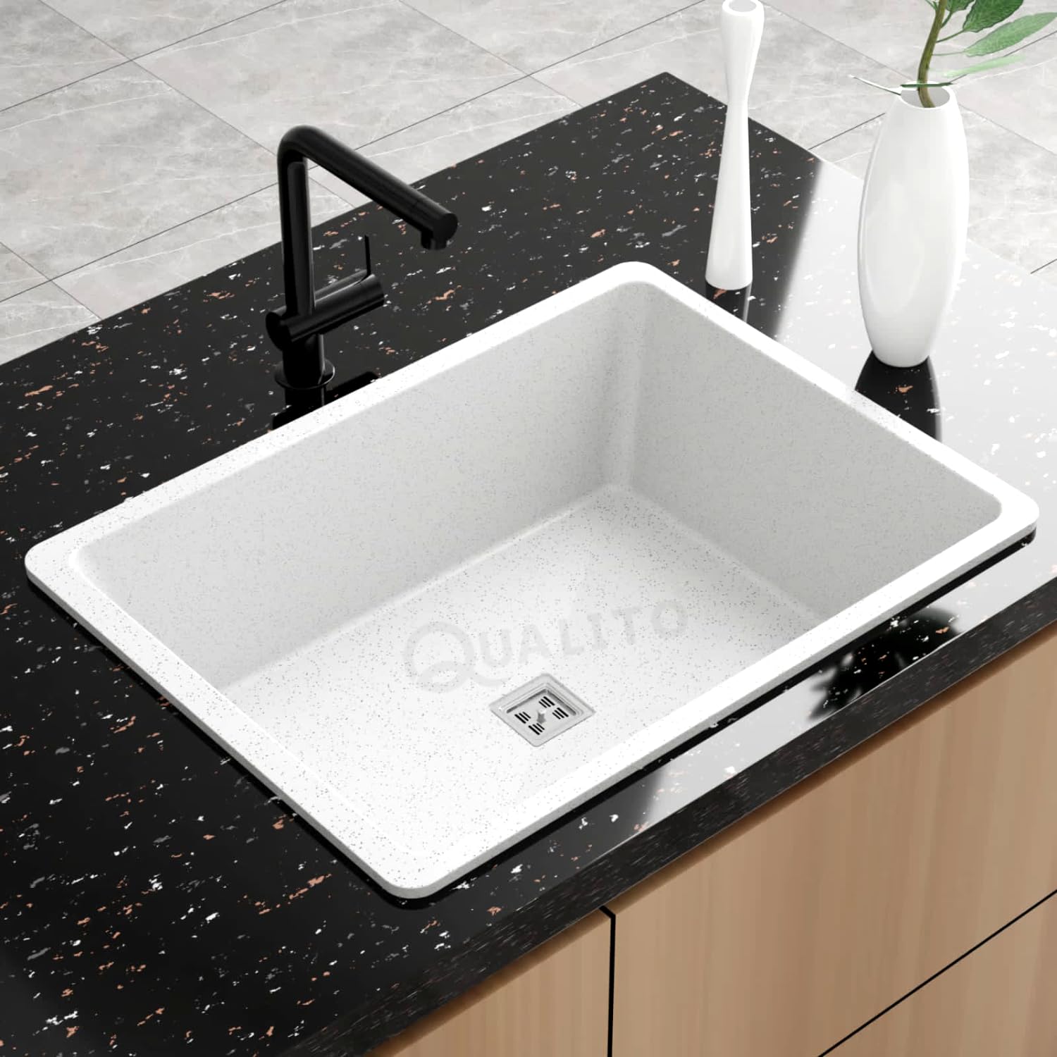 QUALITO Quartz Kitchen Sink | 16x18x9 Inch, 10 mm Thickness | Single Bowl Granite Sink with Waste Coupling & Pipe | Easy to Clean, Sound & Heat Proof and Non Fading Colour (Dotted White)-image-1