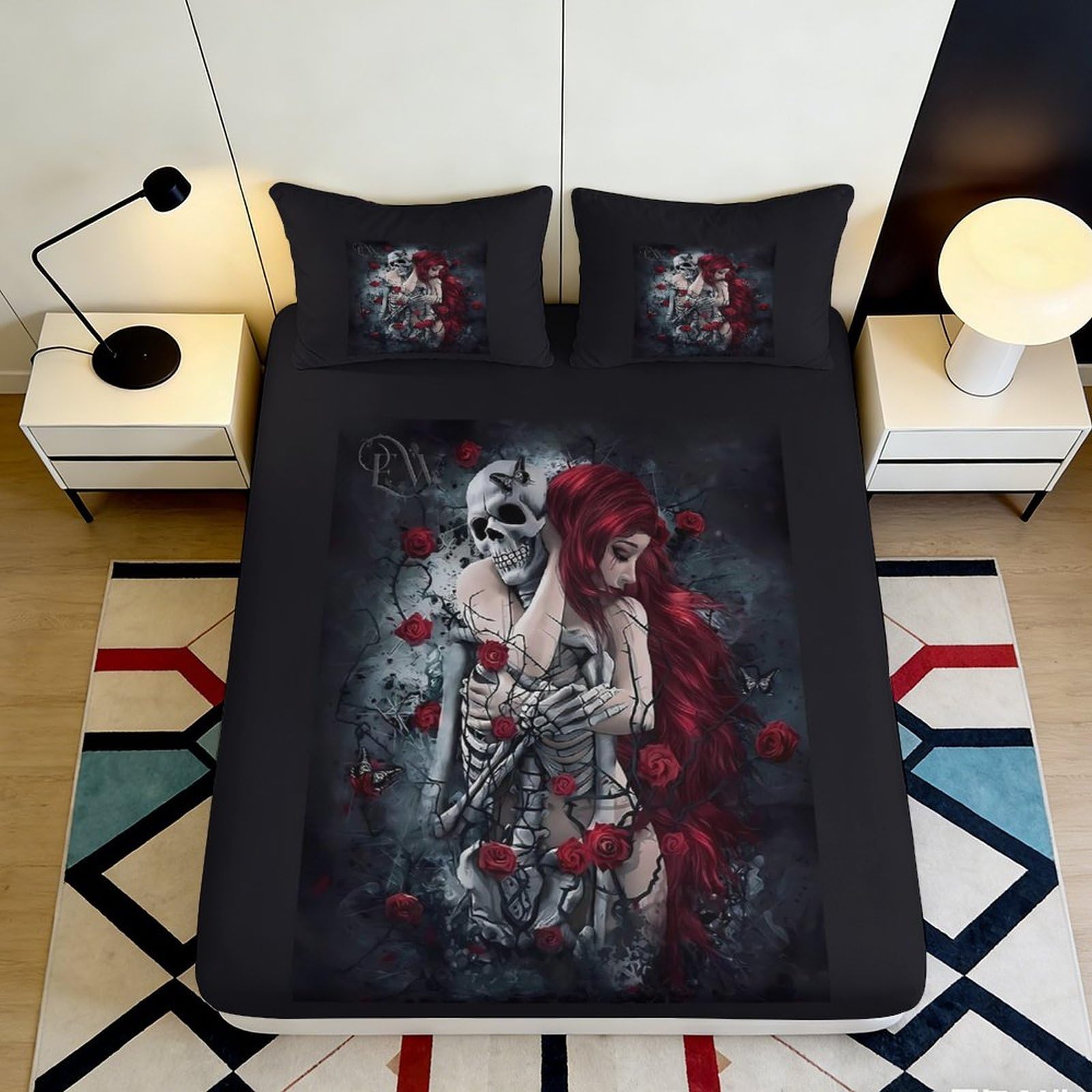 3D Printed Gothic Skull Rose Fitted Sheet Microfiber Soft Bedroom Decor Mattress Cover for Home Guest Room 90x200x25cm