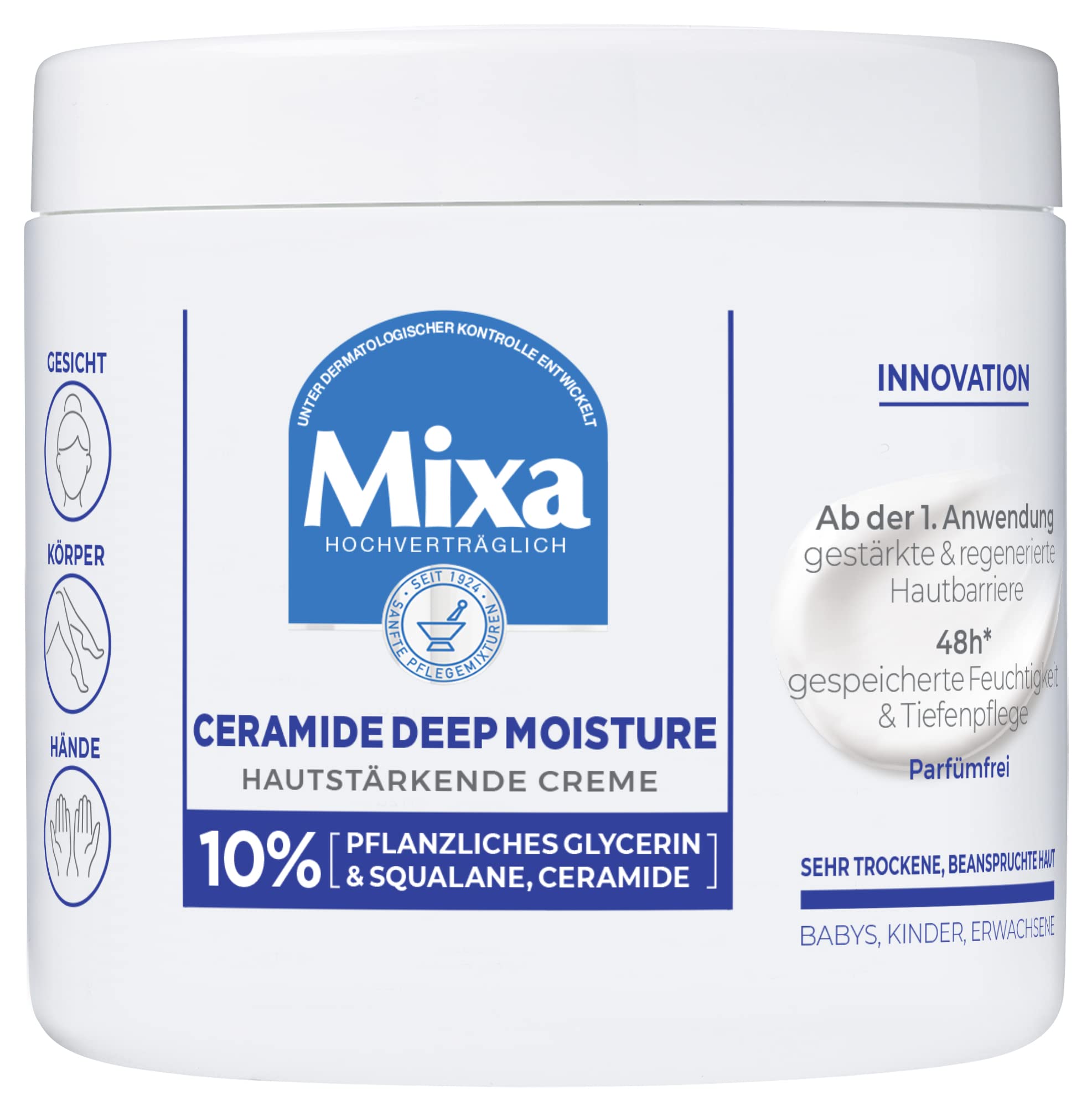 Mixa Ceramide krem wzmacniający skórę ze 10% roślinną gliceryną, skwalanem i ceramidami do bardzo suchej i zniszczonej skóry, nawilżający, dla całej rodziny, Ceramide Protect, 400 ml | Wzmacnia skórę, nawilża, chroni barierę skóry, zmęczoną skórę