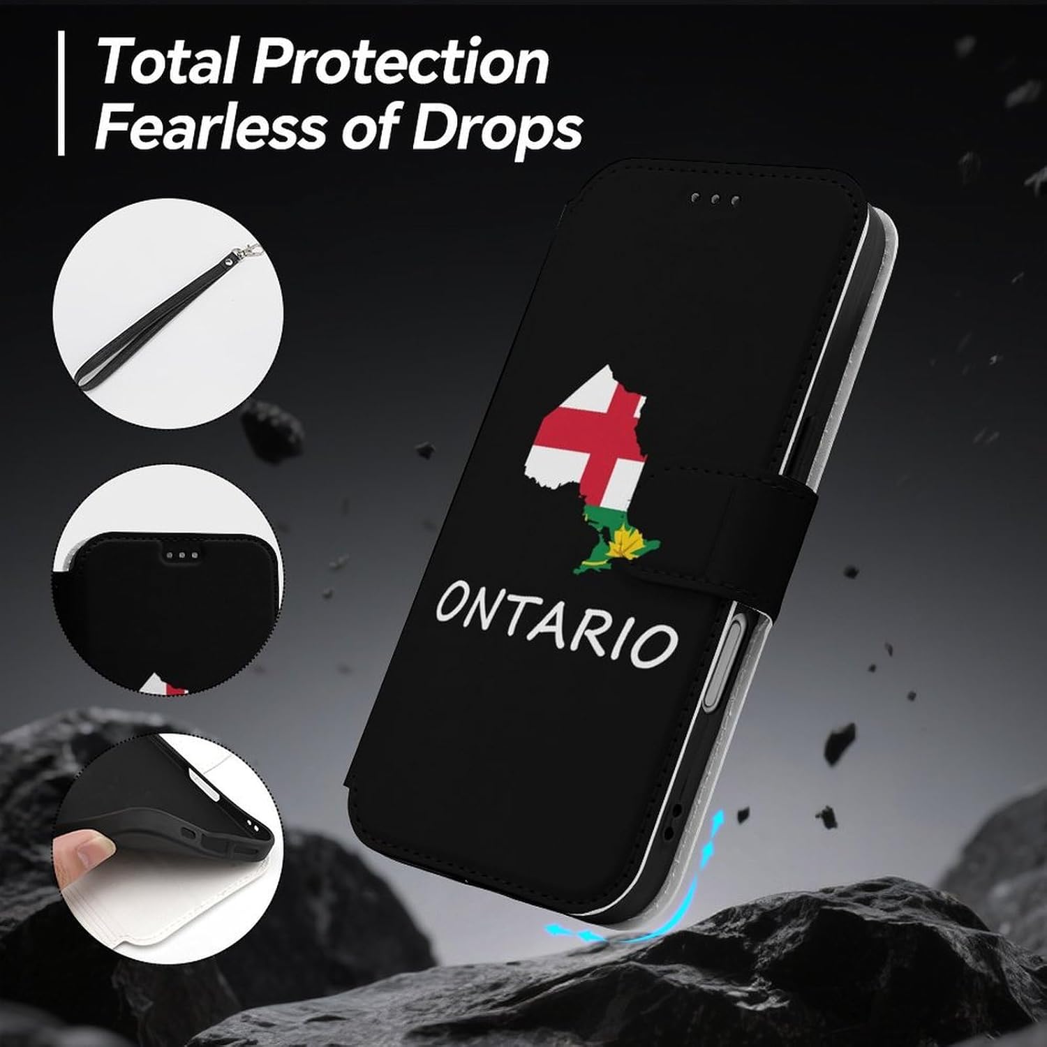 Ontario Flag Canada Canadian Compatible with iPhone 16/16 Plus/16 Pro/16 Pro Max/16 E Case Phone Wallet Card Holder Flip Cover with Wrist Strap