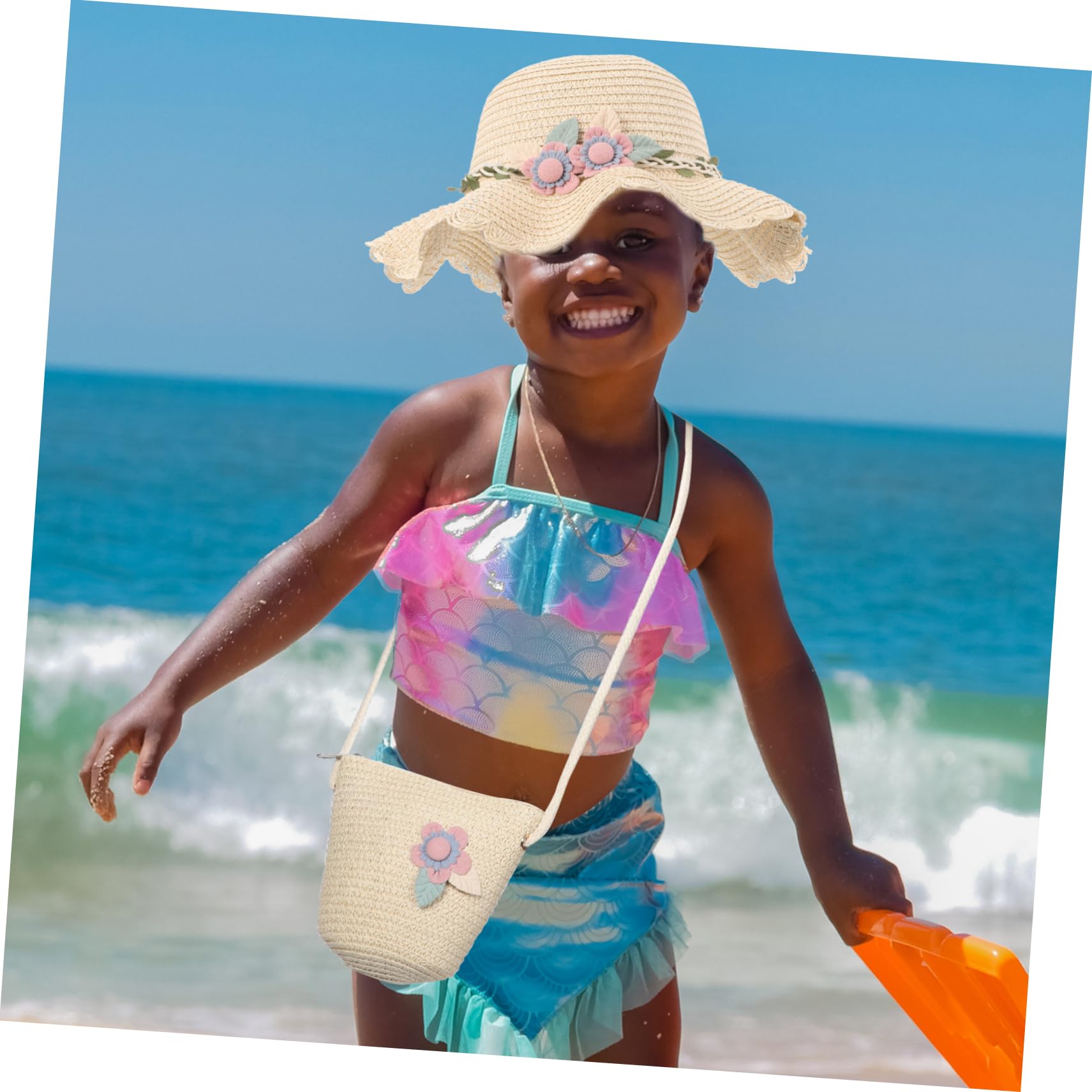 Strandhut Für Mädchen Stroh Kind Fischerhut Für Mädchen Sommermützen Mädchen Hut Babymützen Sonnenhut Cowgirl-Hut Kappe Tasche Sommer Strandhüte Bademütze Mädchen Hüte