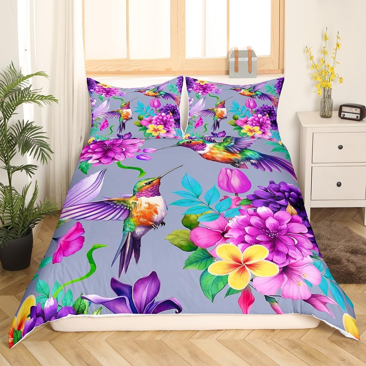 Homemissing King Hummingbird Duvet Cover tropical bird Bedding Set children's hummingbird spring plant flower gorgeous gray Comforter Cover Set farm garden bedroom decoration