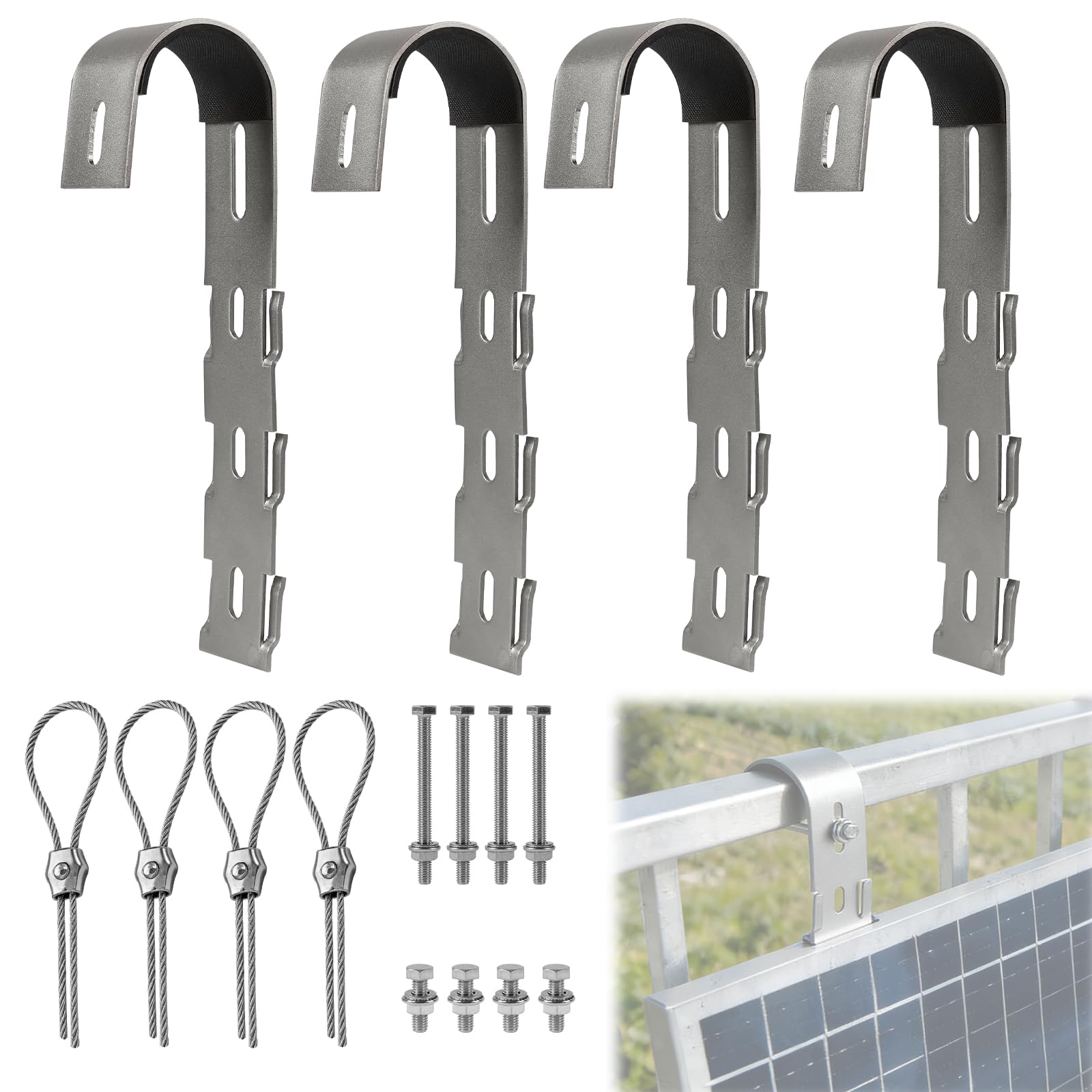 EXLECO 4 x Haken für Balkonkraftwerk Halterung, Balkonhalterung Solarmodule Montageset, Edelstahl Solarpanelbefestigung Haken, Solarpanel Montagezubehör für Balkongeländer Flachdach Solarzaun, Silber