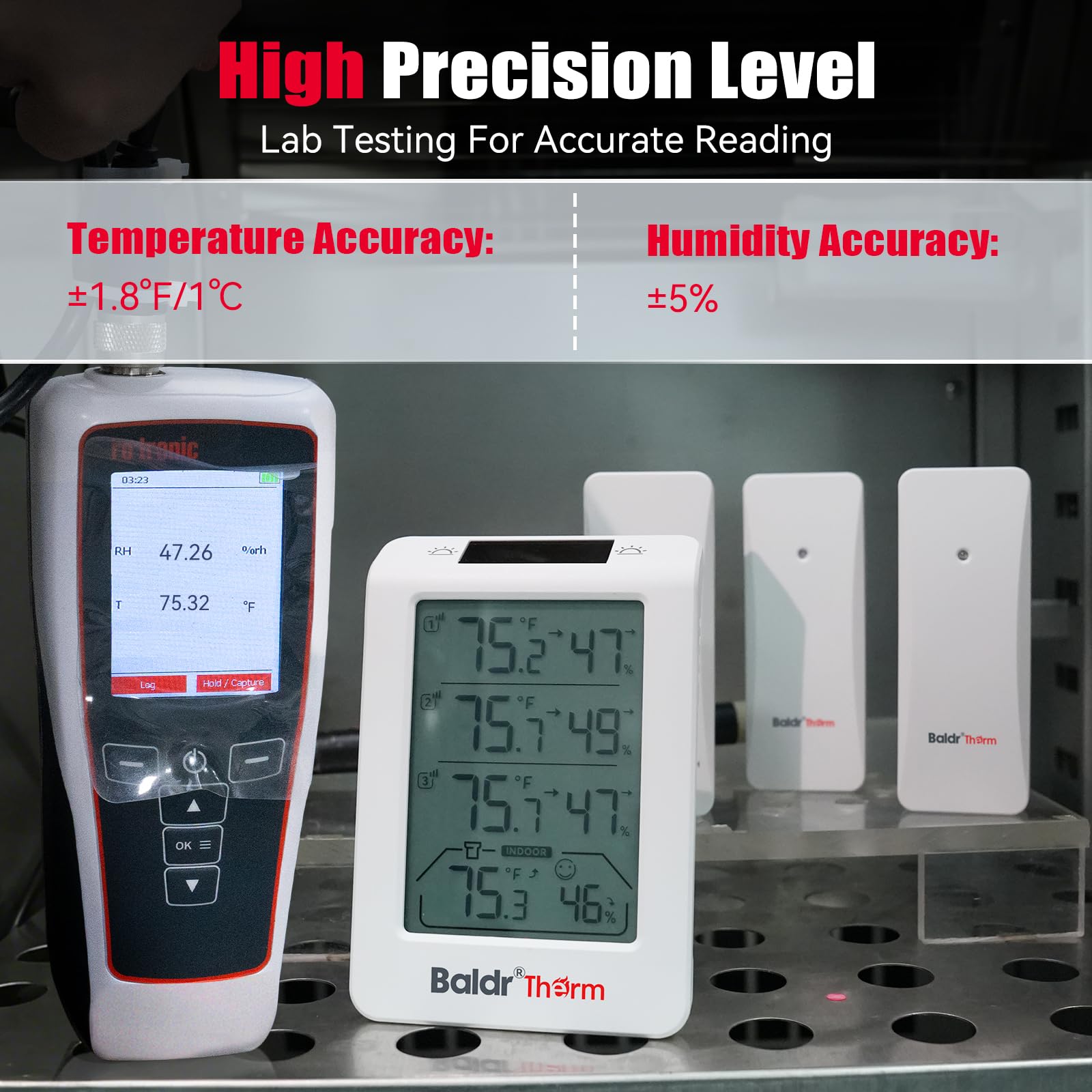 BaldrTherm Thermomètre hygromètre sans fil à trois canaux, grand écran de température et d'humidité, rétroéclairage automatique intelligent, portée de 100,6 m et alertes en temps réel pour intérieur