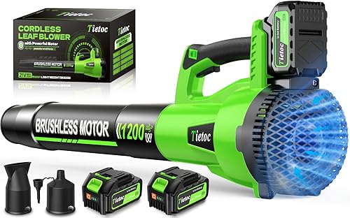 Tietoc Leaf Blower Cordless, 1200W Brushless Electric Leaf Blower with 2 X 5.0Ah Battery, 6 Speed Levels, 2 Extended Tube and 3 Nozzles, Powerful Leaf Blowers for Garden,Yard,Lawn Care (Green)