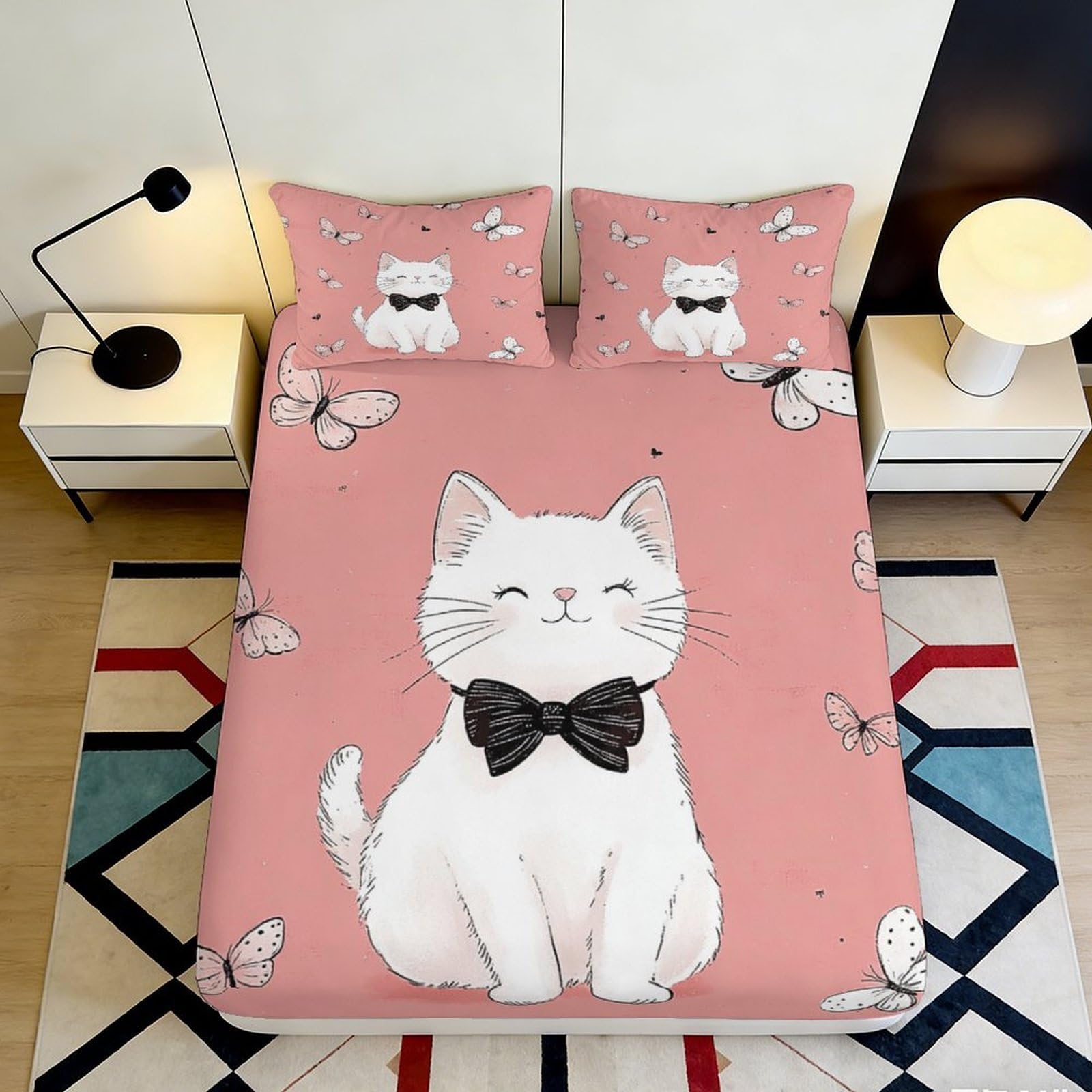 Uxinyoume Style-1 3D Printed Pink Cat Bow Tie Fitted Sheet Microfiber Bedroom Decor Butterfly Mattress Cover For Home Dorm 90X200x25cm