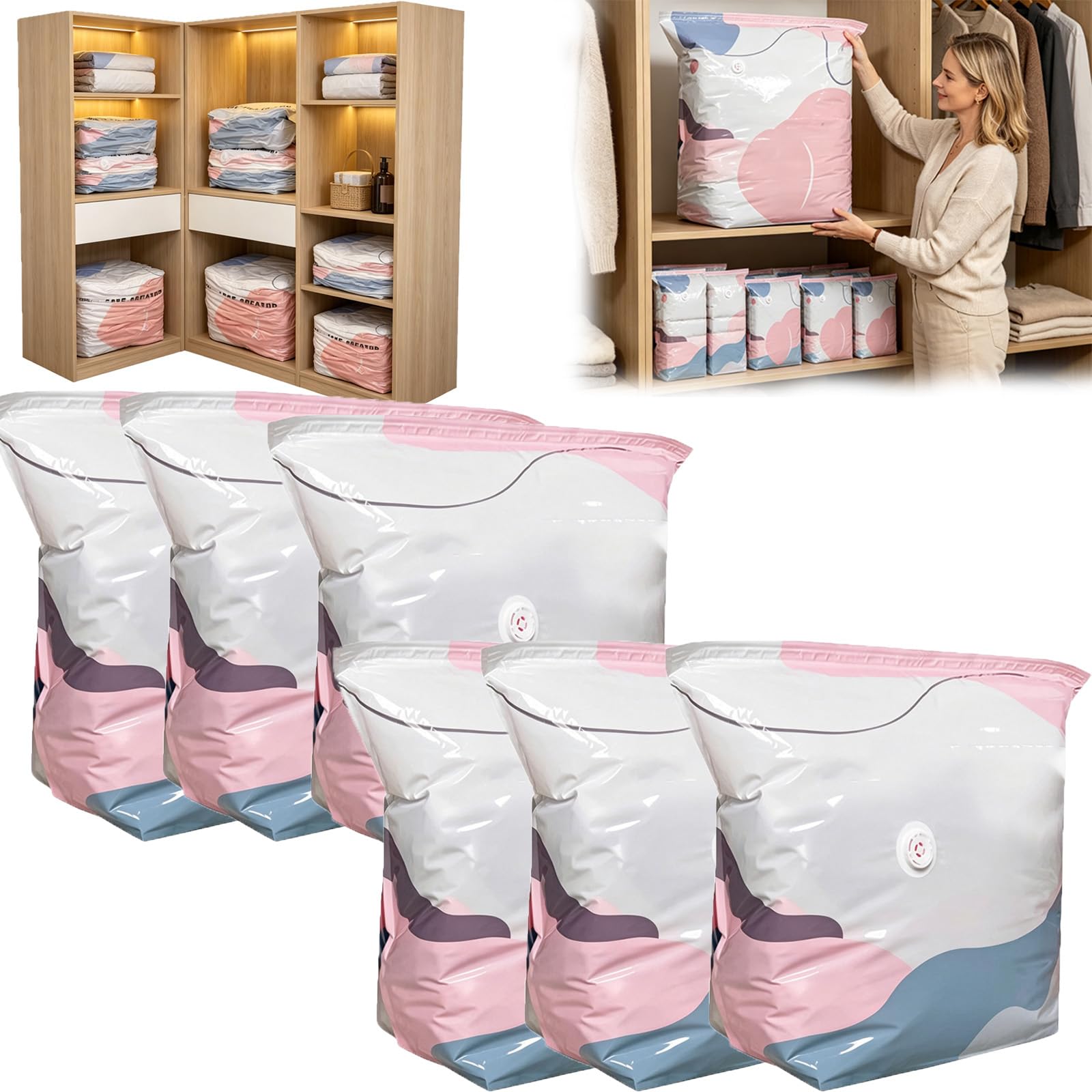 No Pump 3d Vacuum Storage Bags 3-Sec Fast Compression,Heavy Duty Press and Seal No Pump Large Vacuum Storage Compression Bags (6M)