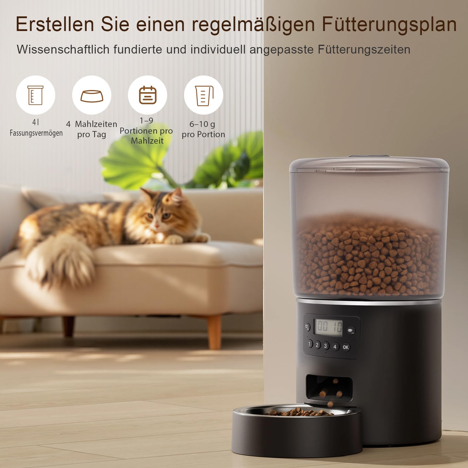 Futterautomat Katze mit Timer – 4L großes Fassungsvermögen, Programmierbar für 4 Mahlzeiten täglich, Präzise Portionskontrolle, Ideal für Katzen und Haustiere