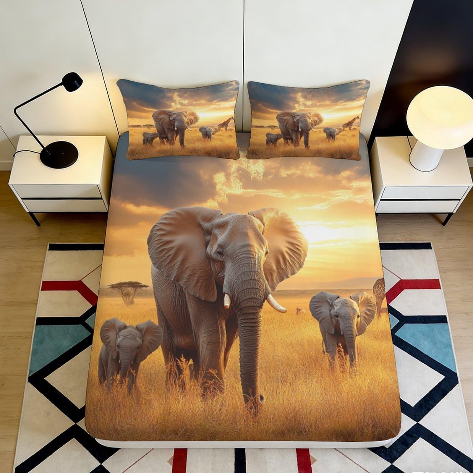 Uxinyoume Style-1 3D Printed African Elephant Fitted Sheet Microfiber Soft Bed Cover Sunset Safari Bedroom Decor Anti-Slip Washable 90X200x25cm