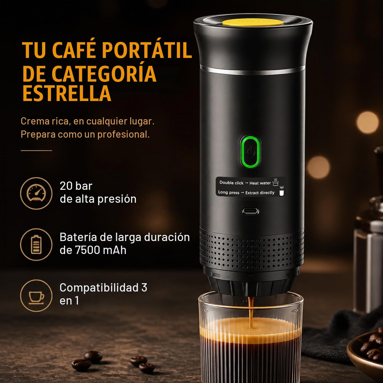 Cafetera Portátil 3 en 1 Eléctrica, Máquina de Café de Viaje 20 Bar con Autocalentamiento, Compatible con Cápsulas y Café Molido, Batería 7500mAh para Camping y Coche