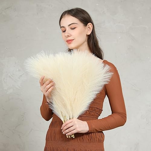 Miniatura 1 de Apeair 6 piezas de hierba de las pampas seca esponjosa, hierba pequeña de seda beige de 18 pulgadas, decoración de flores artificiales para bodas,