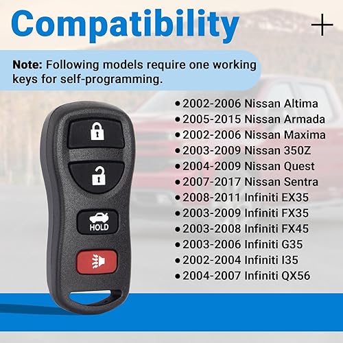 Miniatura 2 de Llavero de coche con control remoto de entrada sin llave compatible con Nissan AltimaArmadaMaxima350ZQuestSentraInfiniti EX35FX35FX45G35I35QX56