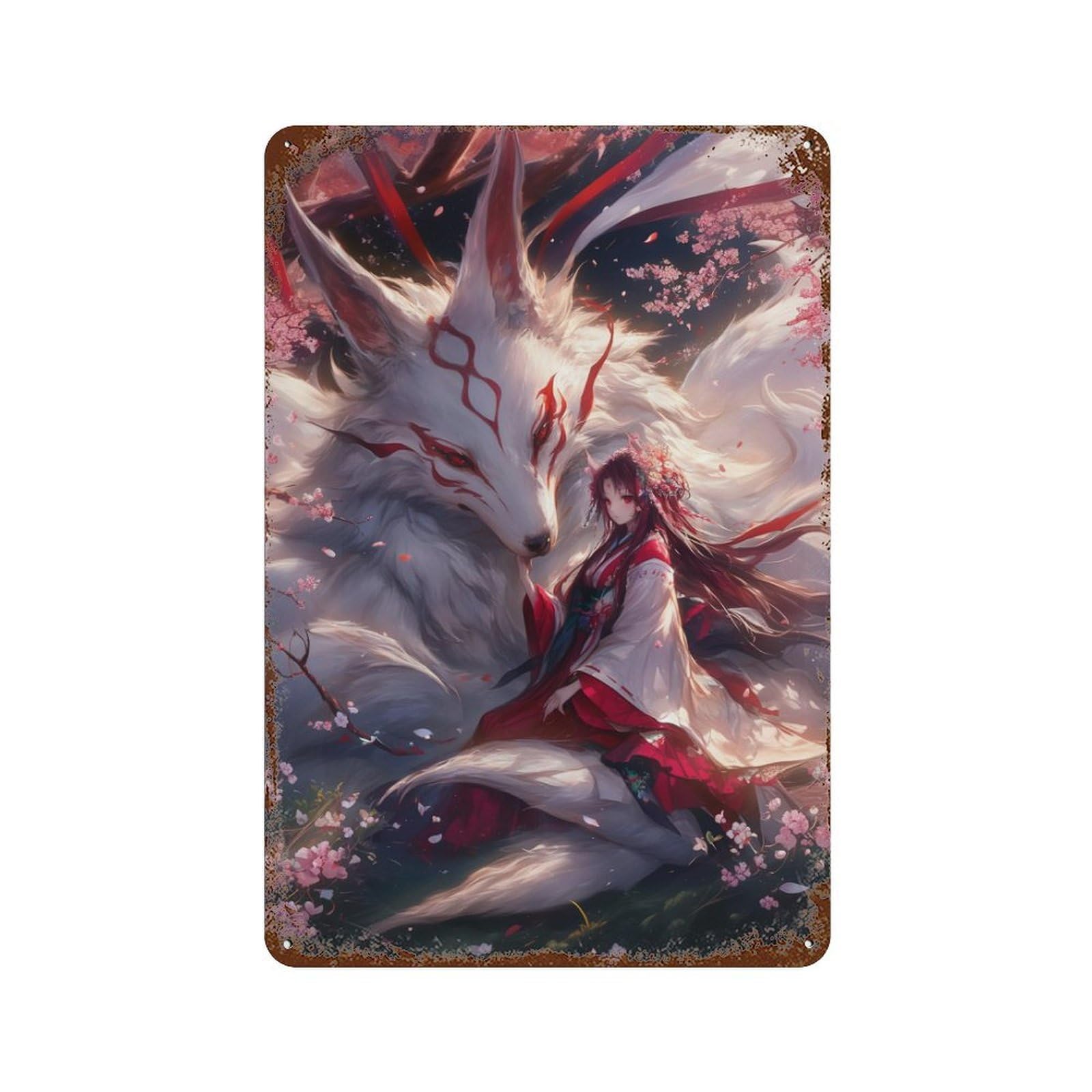 Garage Style Fox Spirit And Cherry Blossom Maiden Vintage Metal Tin Sign 11.8"x7.9", Classic Wall Plaque for Bar And Workshop