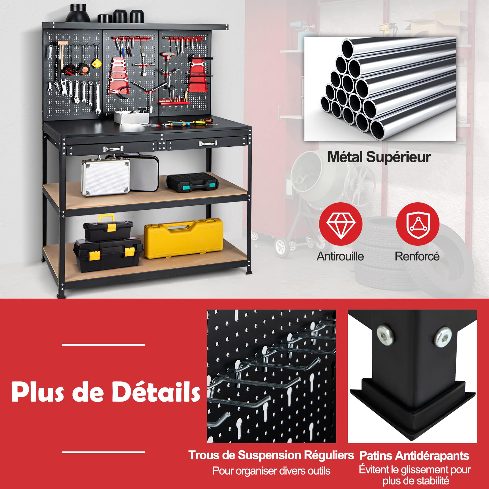 GYMAX Établi Atelier Garage 121x61x156cm, 25 Accessoires de Suspension Inclus, Panneau Perforé, 2 Tiroirs, Etagères de Rangement, Organisateur d'Outils, Table de Travail Bricoleur