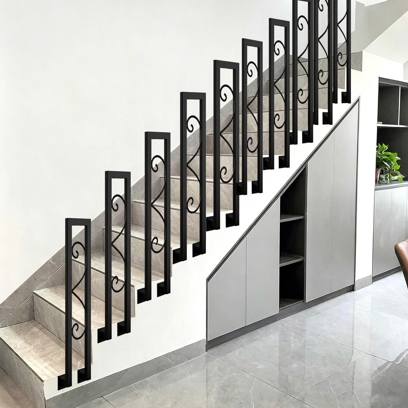 U-Shaped Stair Handrail Picket Fit 1 Step | Metal Wrought Iron Hand Rail for Interior Exterior Porch Deck Garden | Stair Rail Guardrail with Fittings(55cm/22in)