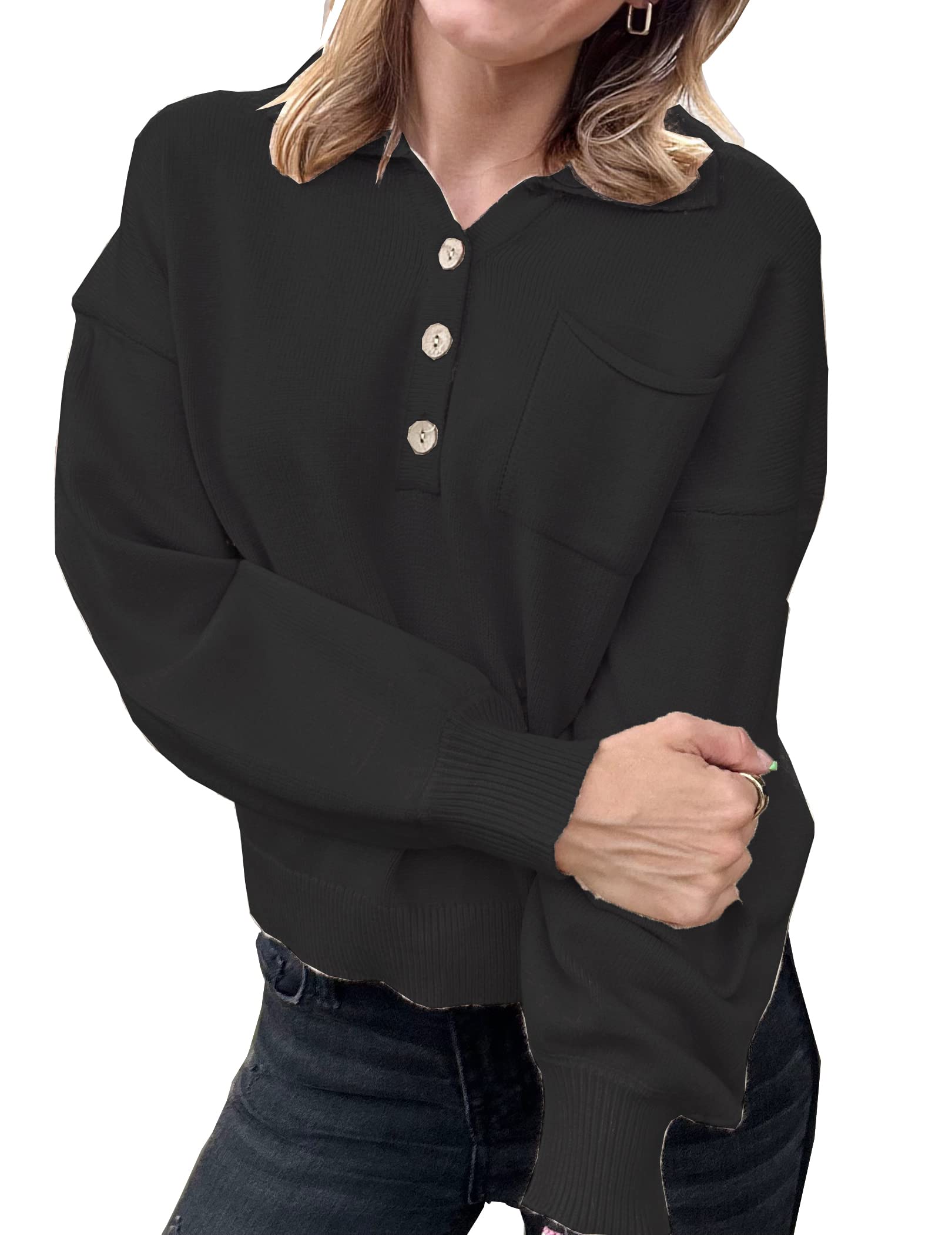 Chigant Women's Sweaters Casual Puff Long Sleeve Button Down V Neck Polo Pullover Sweater Tops Solid Color