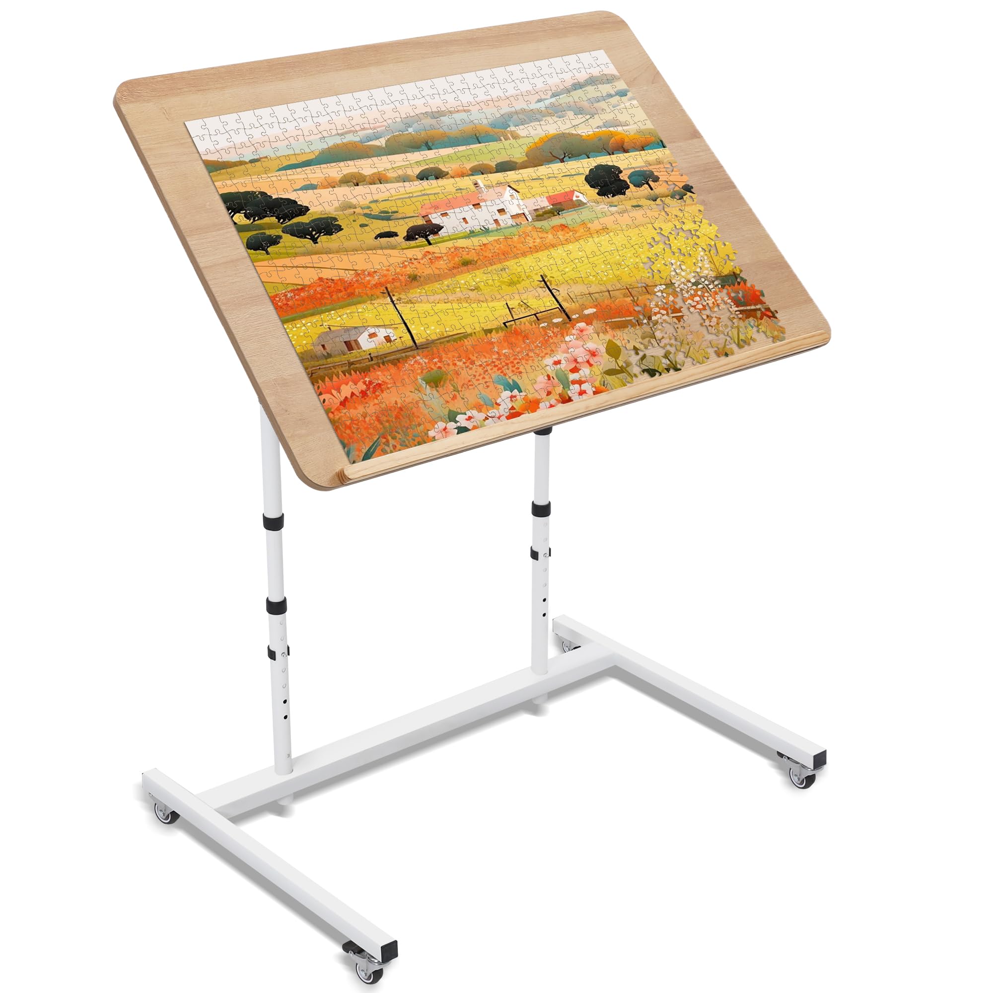 KROFEM Rolling Jigsaw Puzzle Table with Wheels, Adjustable Height, Pneumatic Tilt, Extra Large for 1500 Pieces, Portable Puzzle Cart, White