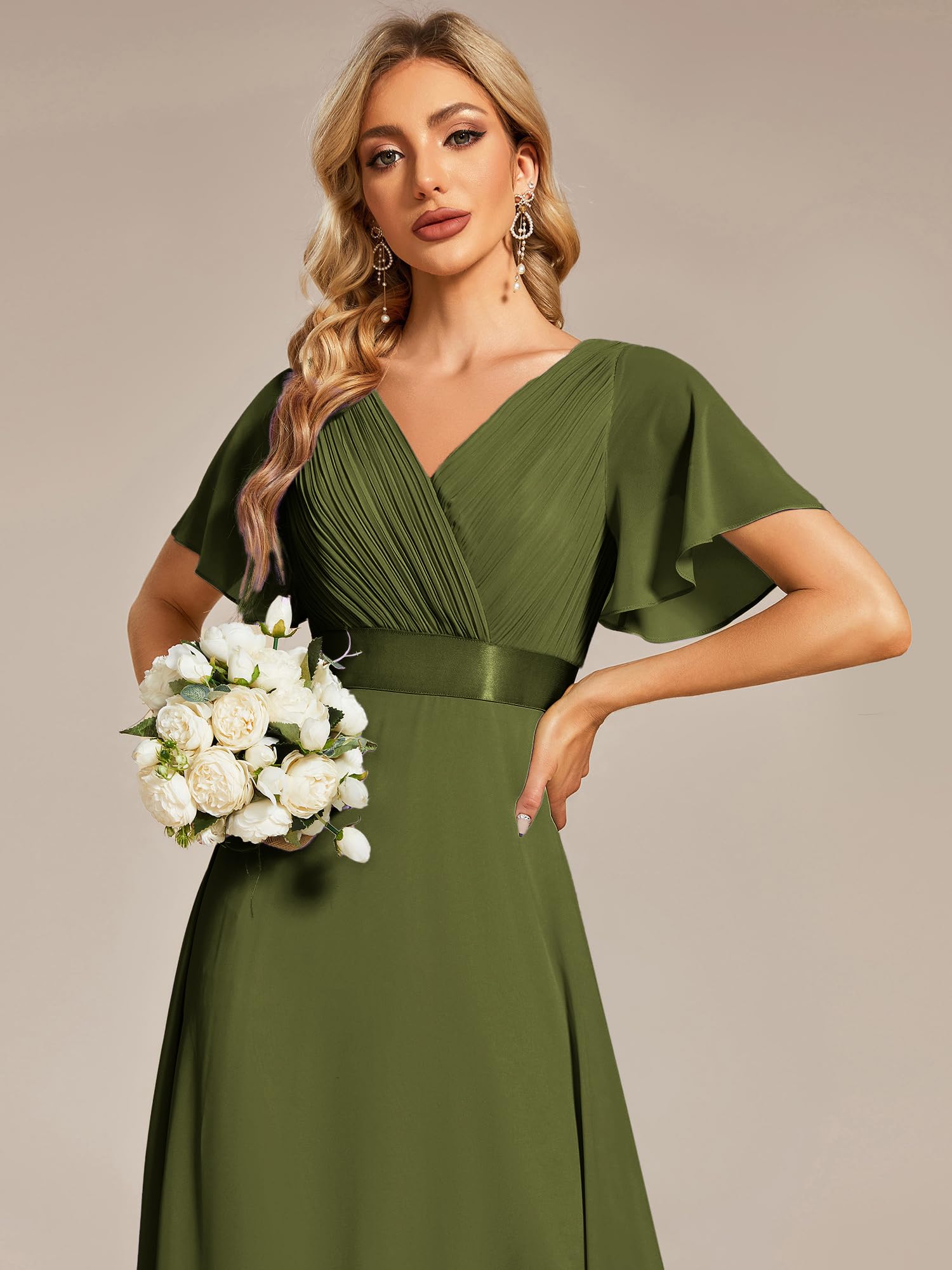 Ever-Pretty Robes de Demoiselle d'honneur Col en V Manches Courtes Mousseline Maxi Robe évasée ES09899