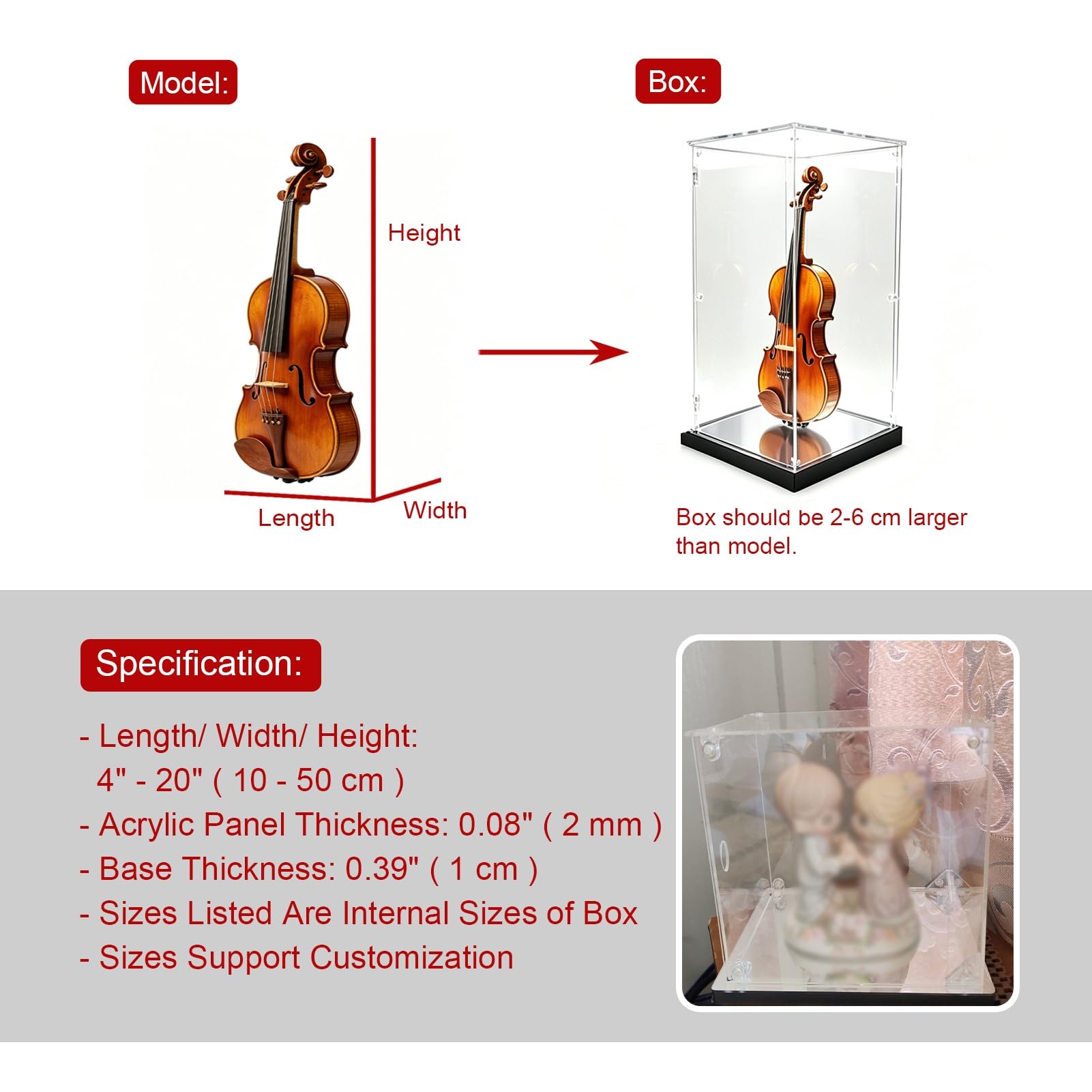 Teca Plexiglass Base a Specchio, Scatola in Acrilico con Sportello, Vetrina | Una Scatola di Vetro Alternativa con Apertura Laterale, Contenitore Trasparente per L'organizzazione Domestica