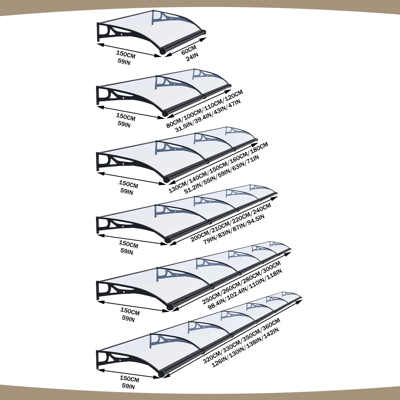 Copertura per porta esterna, riparo per pioggia, finestra, copertura per tetto pioggia, tenda parasole per case e aziende, 150 cm x 240 cm, resistente alle intemperie, facile installazione, protezione
