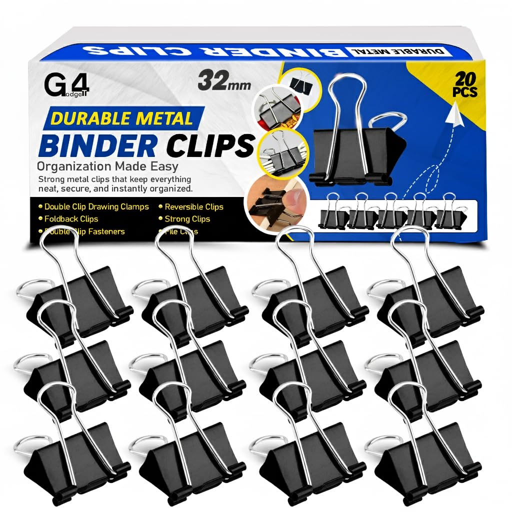 G4GADGET Binder Clips 32mm Black, 20 Pack Medium Foldback/Bulldog Clips, Strong Metal Paper Binder Clips for Office School Home Filing & Organising