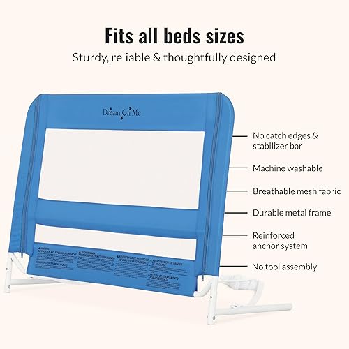 Dream On Me Mesh Security Bed Rail – Toddler Safety Guard with Breathable mesh, Reinforced Anchor System, Lightweight, Portable, fits Adult Twin-Size beds, Black(Blue)