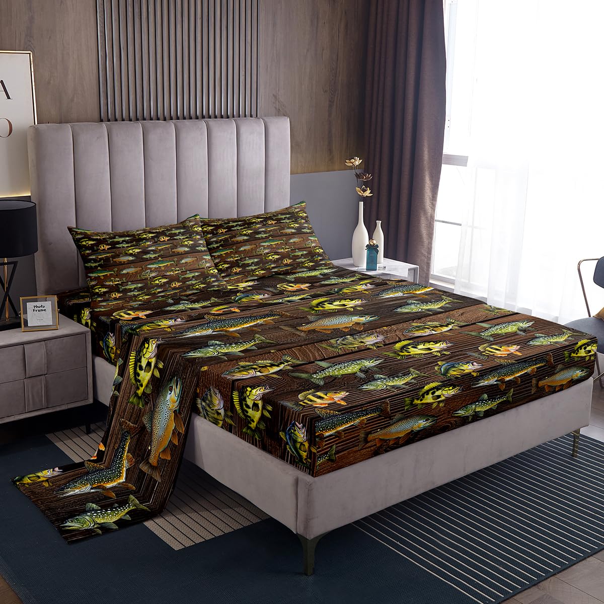 Homewish Juego de sábanas de caza y pesca, tamaño doble, para niños, niñas, hombres, tablones de madera marrón, ropa de cama rústica, juego de sábanas vintage de granja de 4 piezas