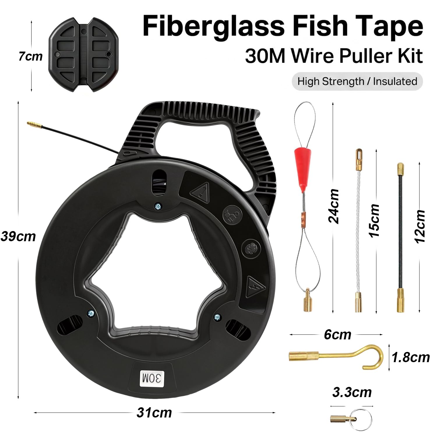 30m Sonda Elettricista Sonda Tiracavi Cavo Estrattore Cavi Fibra di Vetro | Sonda Passacavi, Fish Tape 3,8mm, incl. 6 Adattatori, Per Cavi Elettrici Tubi Vuoti, con Scatola con Impugnatura