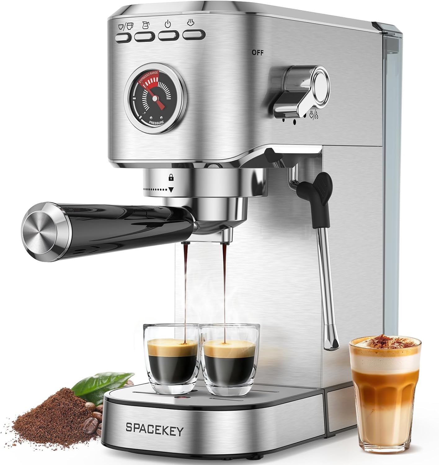 Spacekey Máquina de café expreso de 20 barras, 1350 W con espumador de leche, cafetera compacta de acero inoxidable con tanque de agua extraíble de