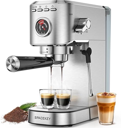 Spacekey Máquina de café expreso de 20 barras, 1350 W con espumador de leche, cafetera compacta de acero inoxidable con tanque de agua extraíble de