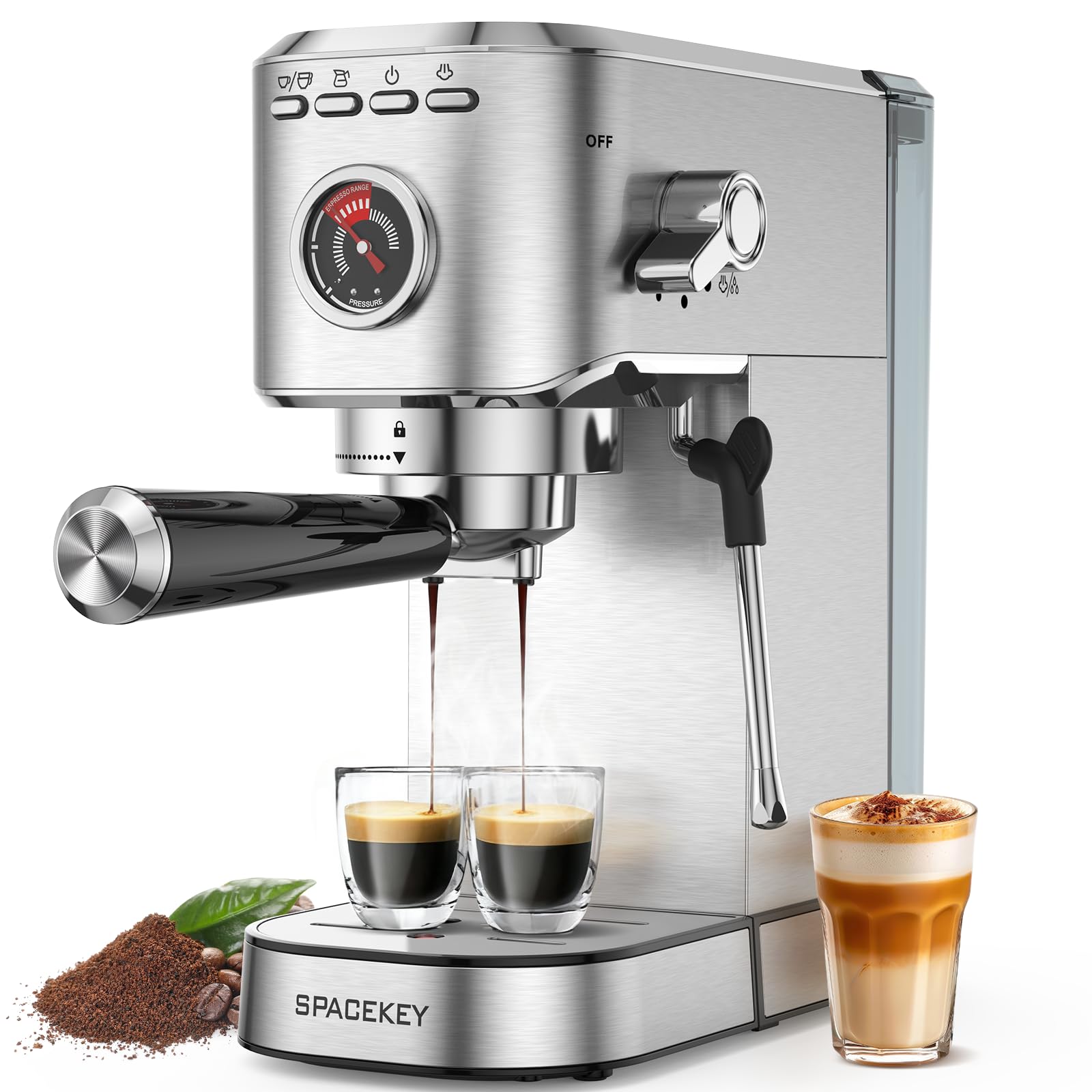 Spacekey Espresso Machine 20 Bar 1350W Expresso Coffee Machines with Milk Frother Compact Stainless Steel Espresso Maker with