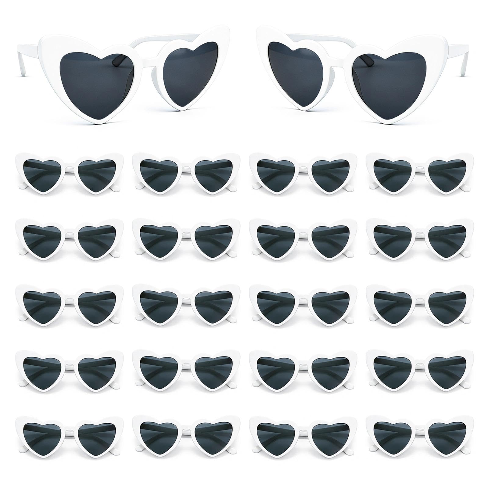 24 Pack White Heart Sunglasses Bulk, Heart Shaped Retro Cat Eye Glasses for Wedding Favours, Bridal Showers, Hen Party Accessories, and Gift Bag Fillers